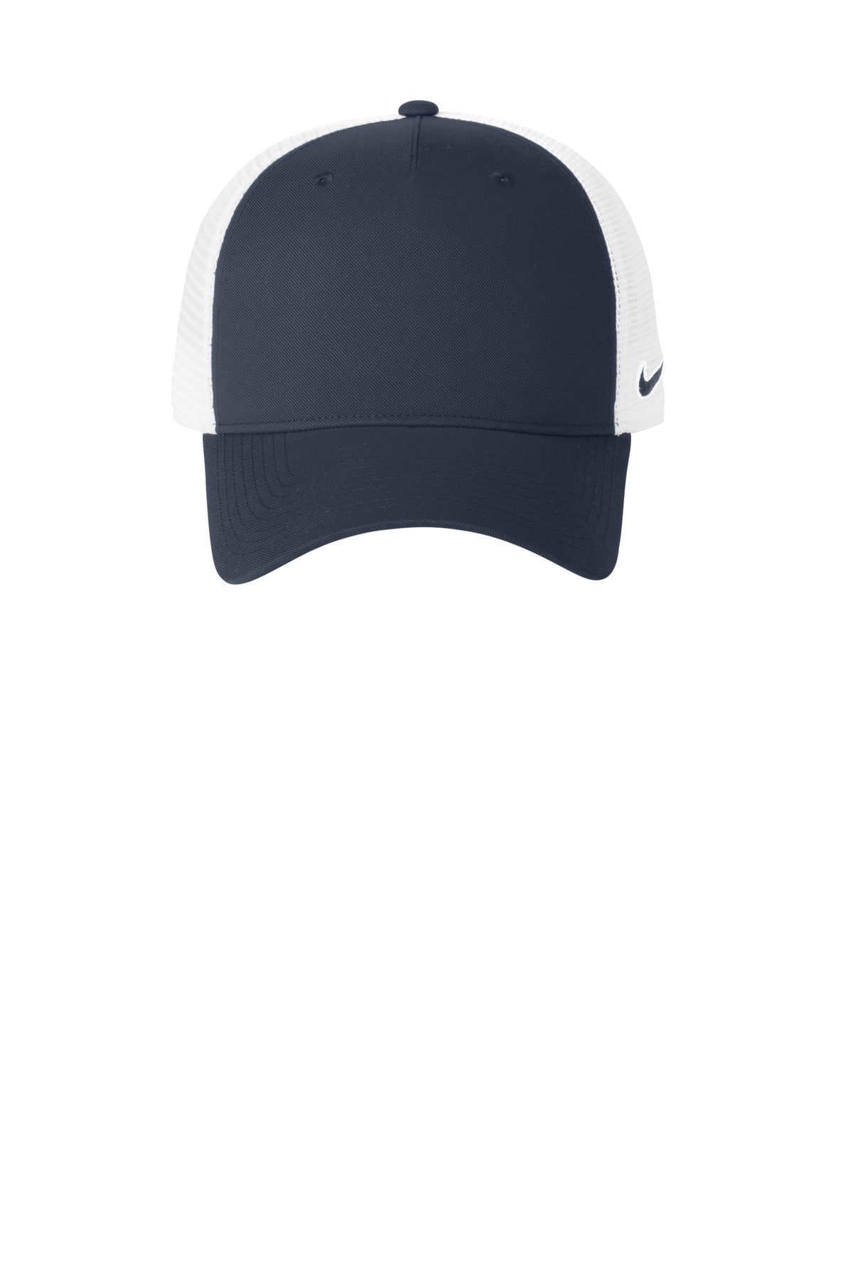 Front View of Navy/White Nike Snapback Mesh Trucker Cap NKFN9893