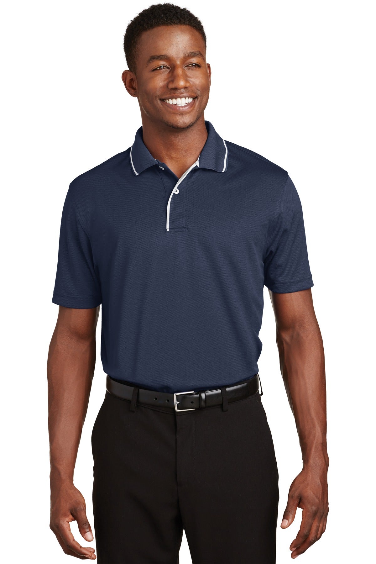 Front View of Navy/White Sport-Tek Dri-Mesh Polo with Tipped Collar and Piping. K467