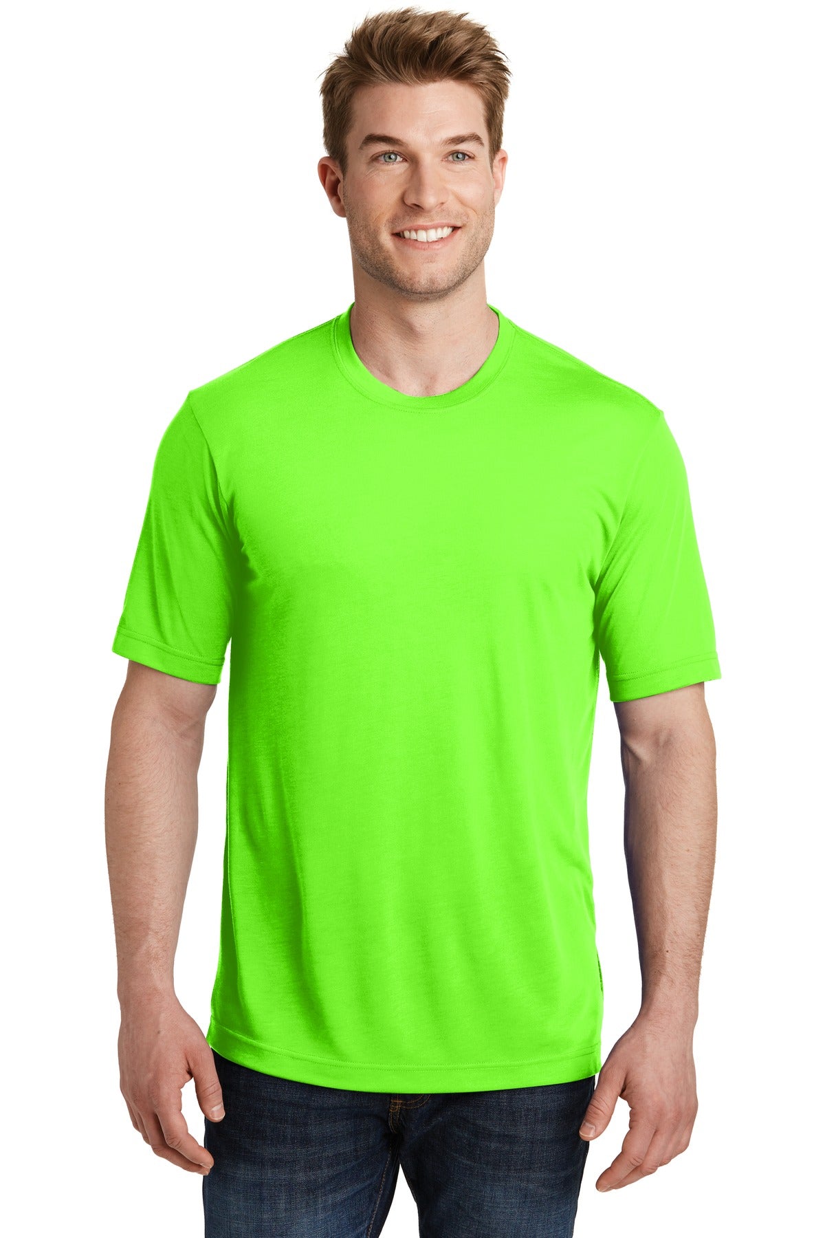Front View of Neon Green Sport-Tek PosiCharge Competitor Cotton Touch Tee. ST450