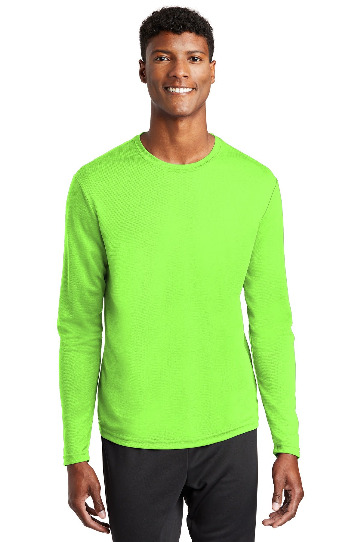 Front View of Neon Green Sport-Tek PosiCharge RacerMesh Long Sleeve Tee. ST340LS
