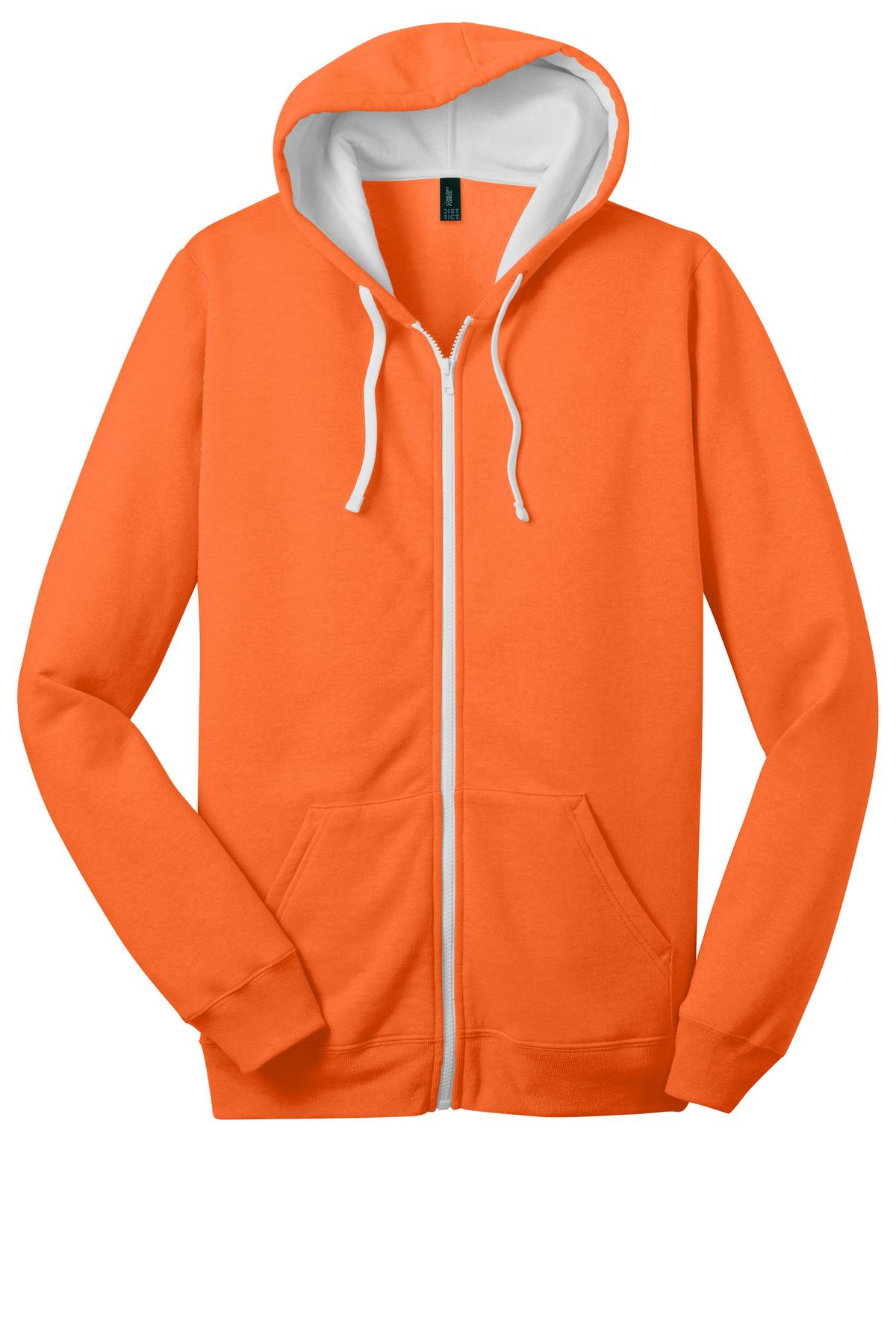 Front View of Neon Orange District The Concert Fleece Full-Zip Hoodie. DT800