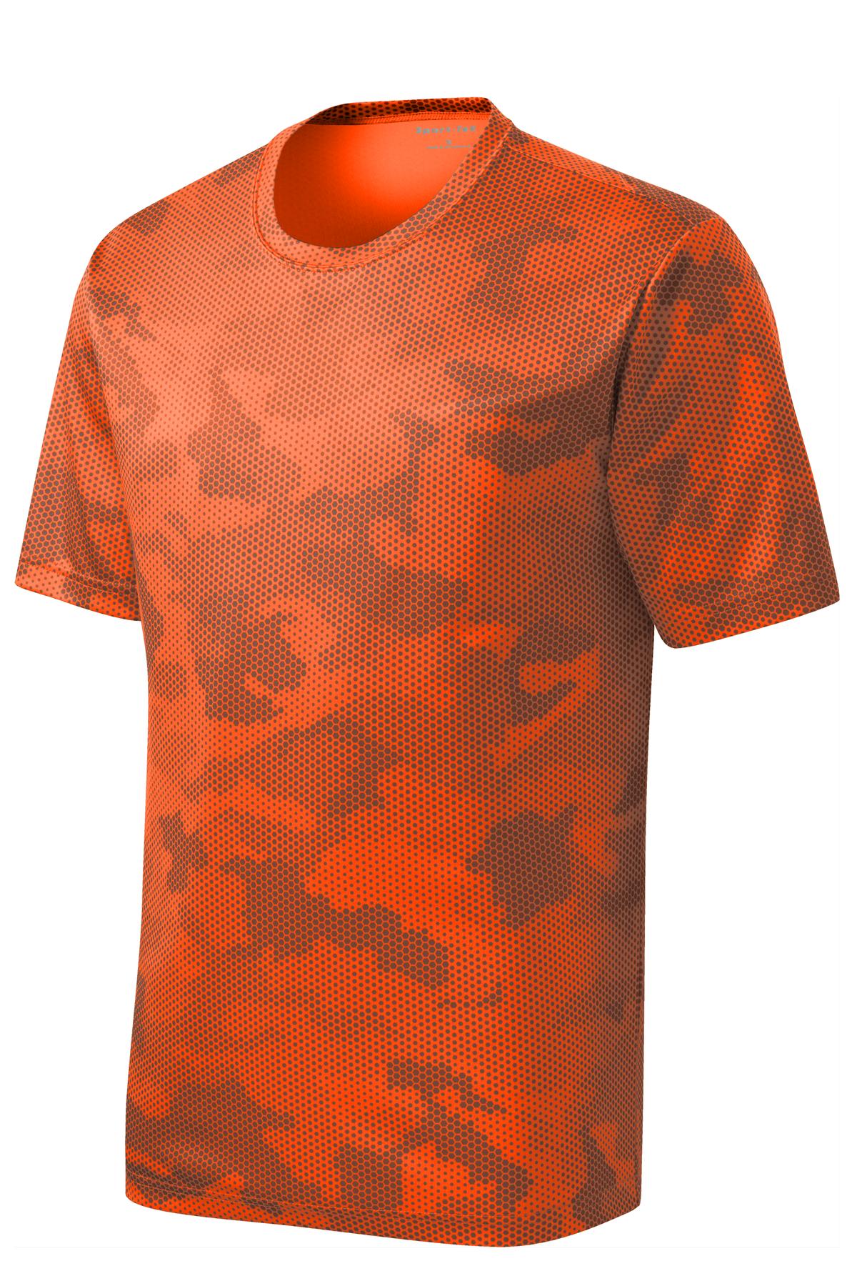 Front View of Neon Orange Sport-Tek CamoHex Tee. ST370