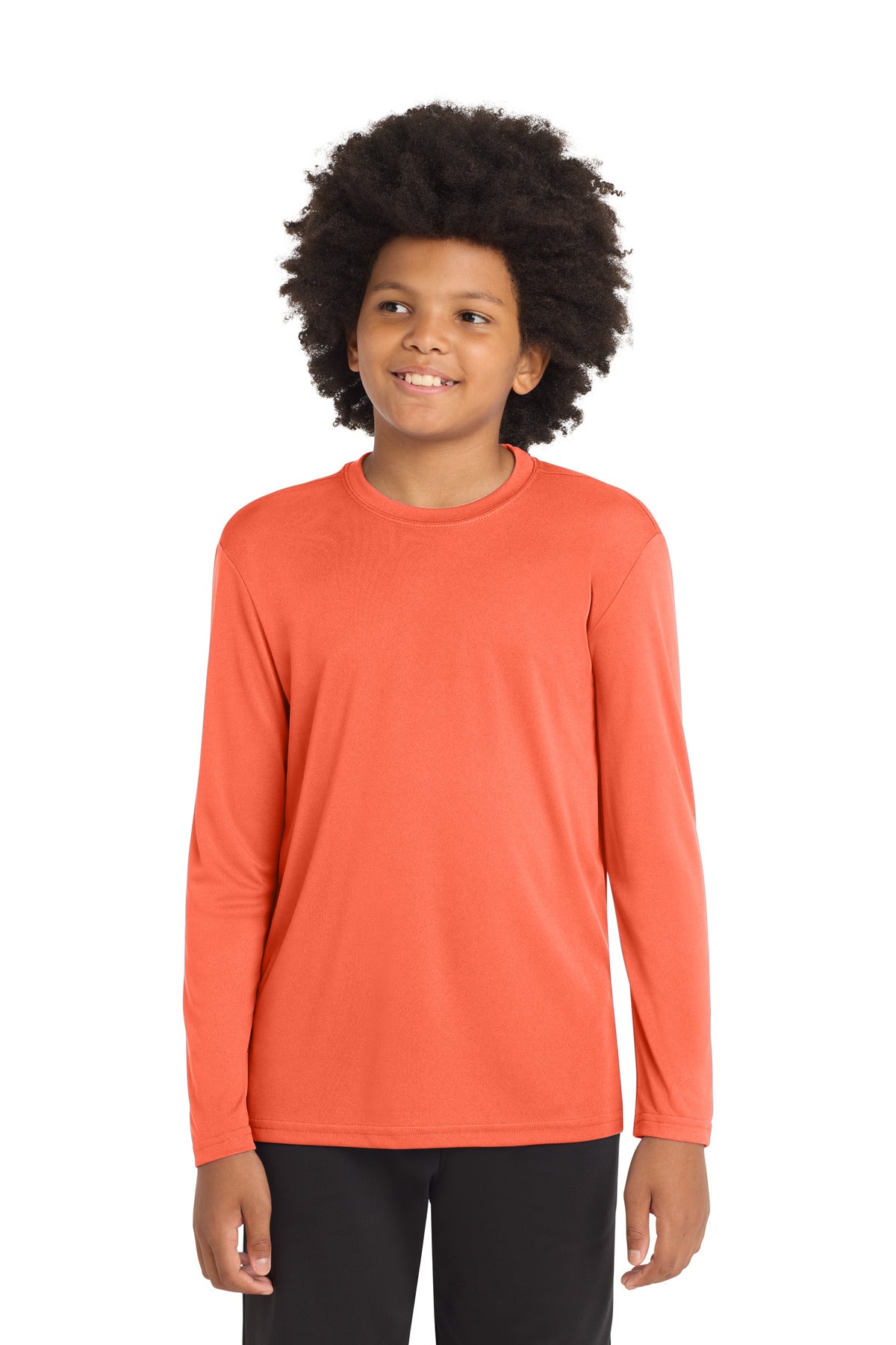 Front View of Neon Orange Sport-Tek Youth Long Sleeve PosiCharge Competitor Tee. YST350LS