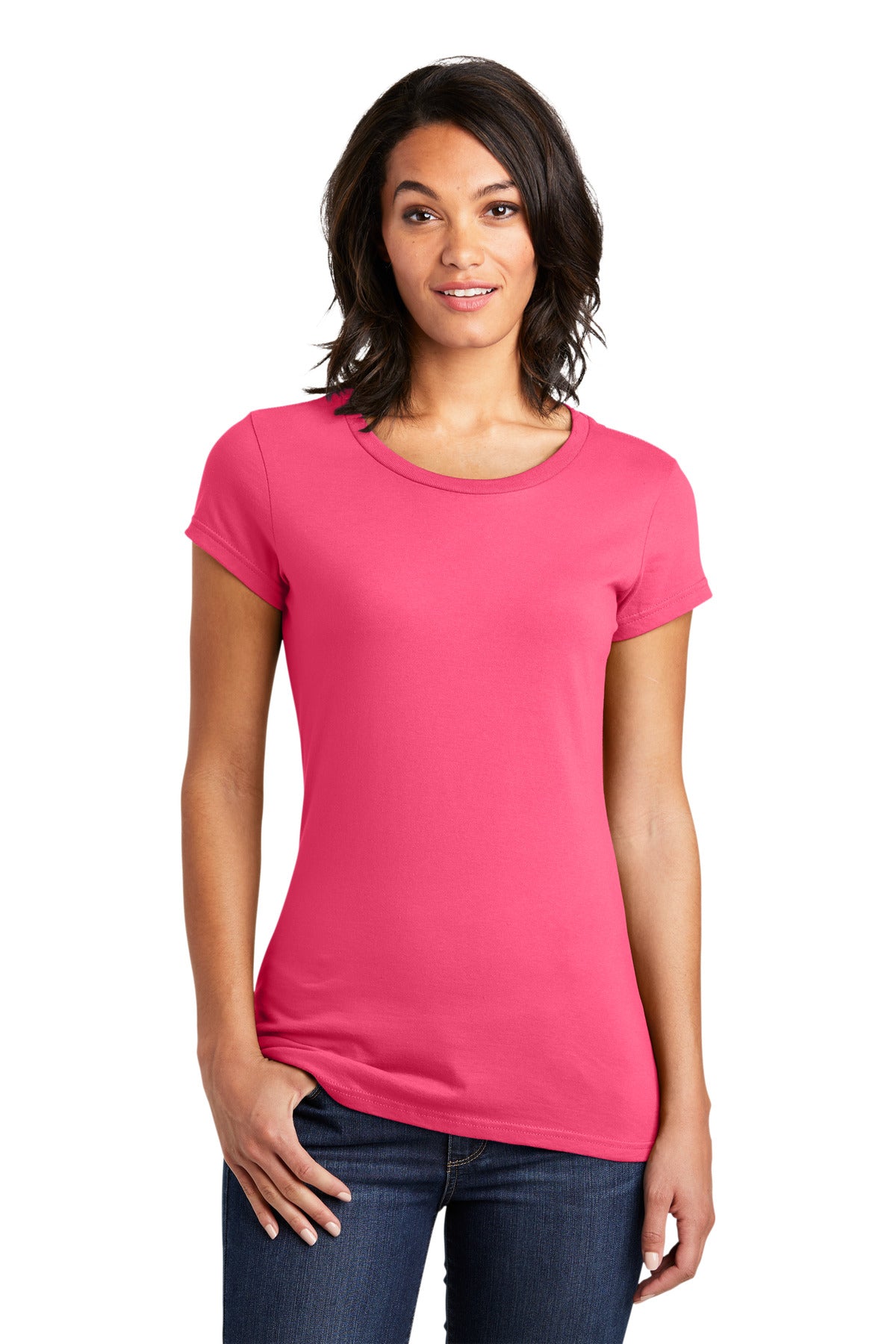 Front View of Neon Pink District Women's Fitted Very Important Tee . DT6001