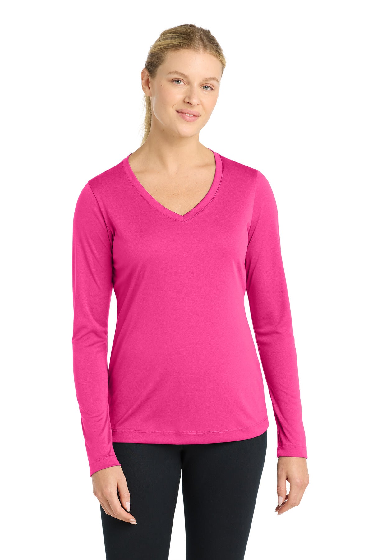 Front View of Neon Pink Sport-Tek Women's Long Sleeve PosiCharge Competitor V-Neck Tee. LST353LS