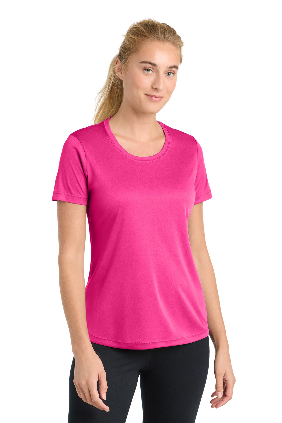 Front View of Neon Pink Sport-Tek Women's PosiCharge Competitor Tee. LST350
