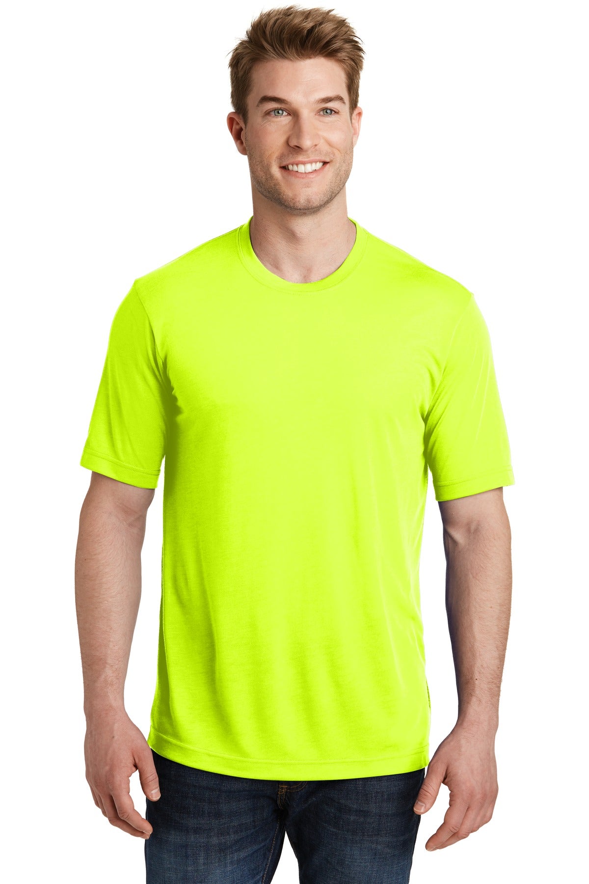 Front View of Neon Yellow Sport-Tek PosiCharge Competitor Cotton Touch Tee. ST450