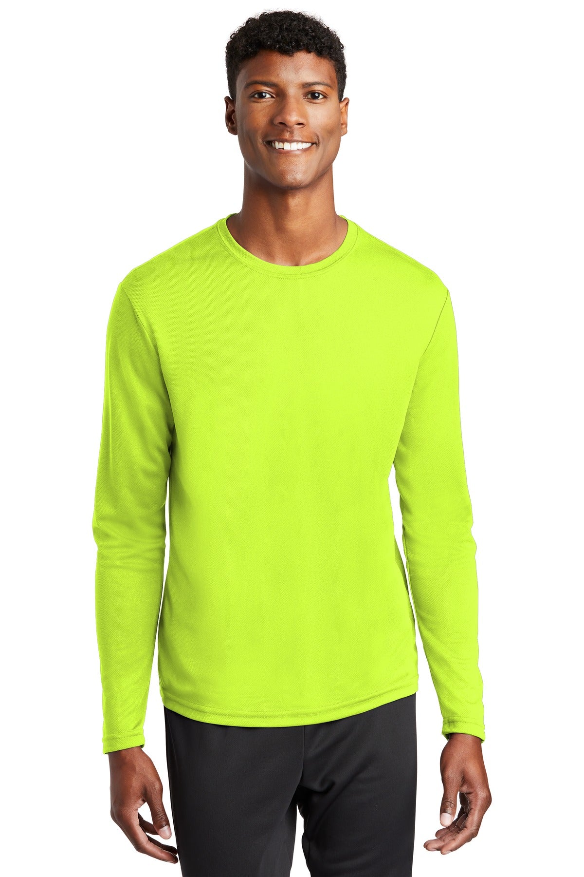 Front View of Neon Yellow Sport-Tek PosiCharge RacerMesh Long Sleeve Tee. ST340LS