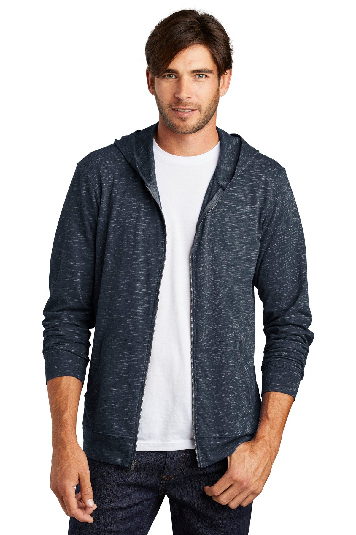 Front View of New Navy District Medal Full-Zip Hoodie. DT565