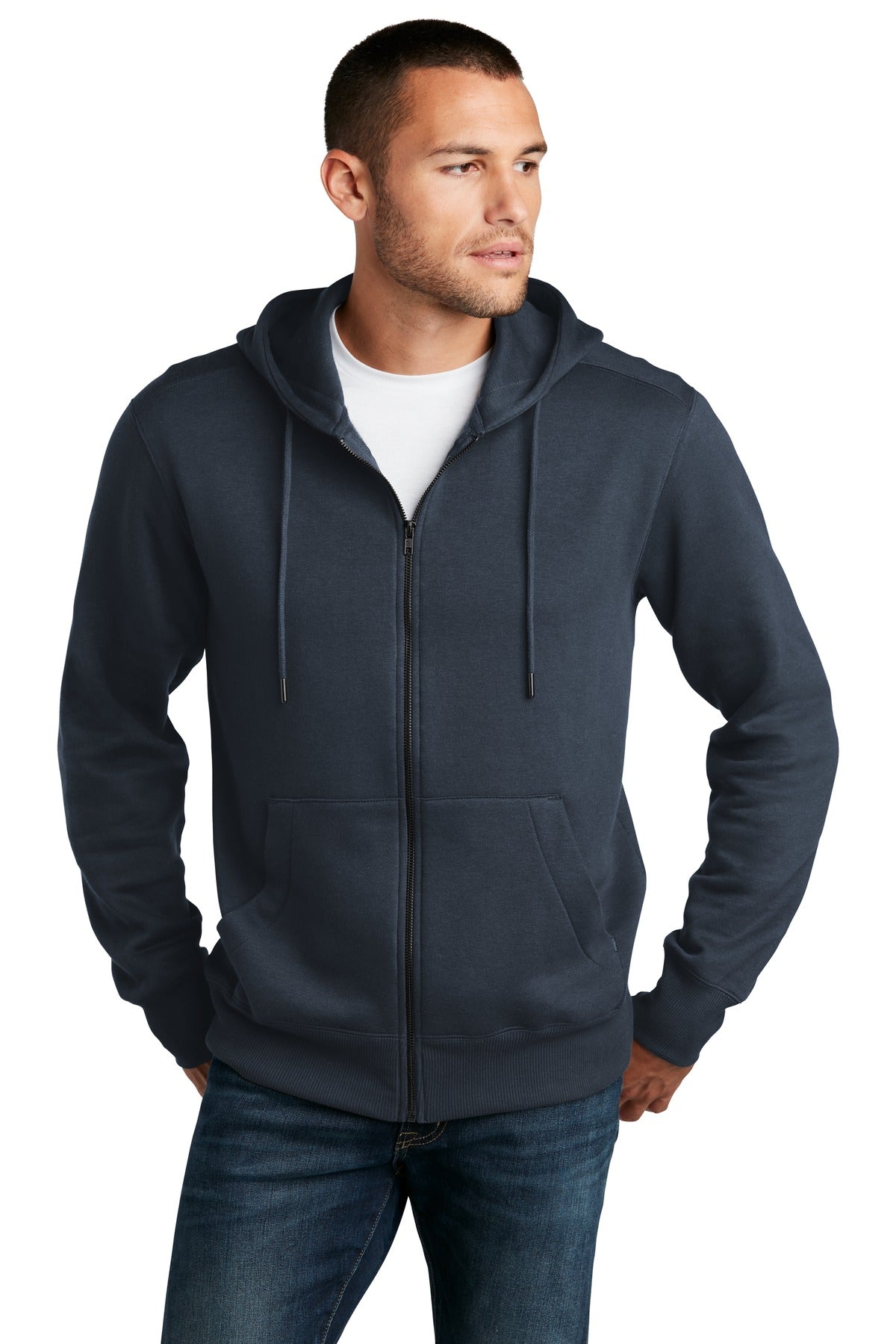 Front View of New Navy District Perfect Weight Fleece Full-Zip Hoodie DT1103