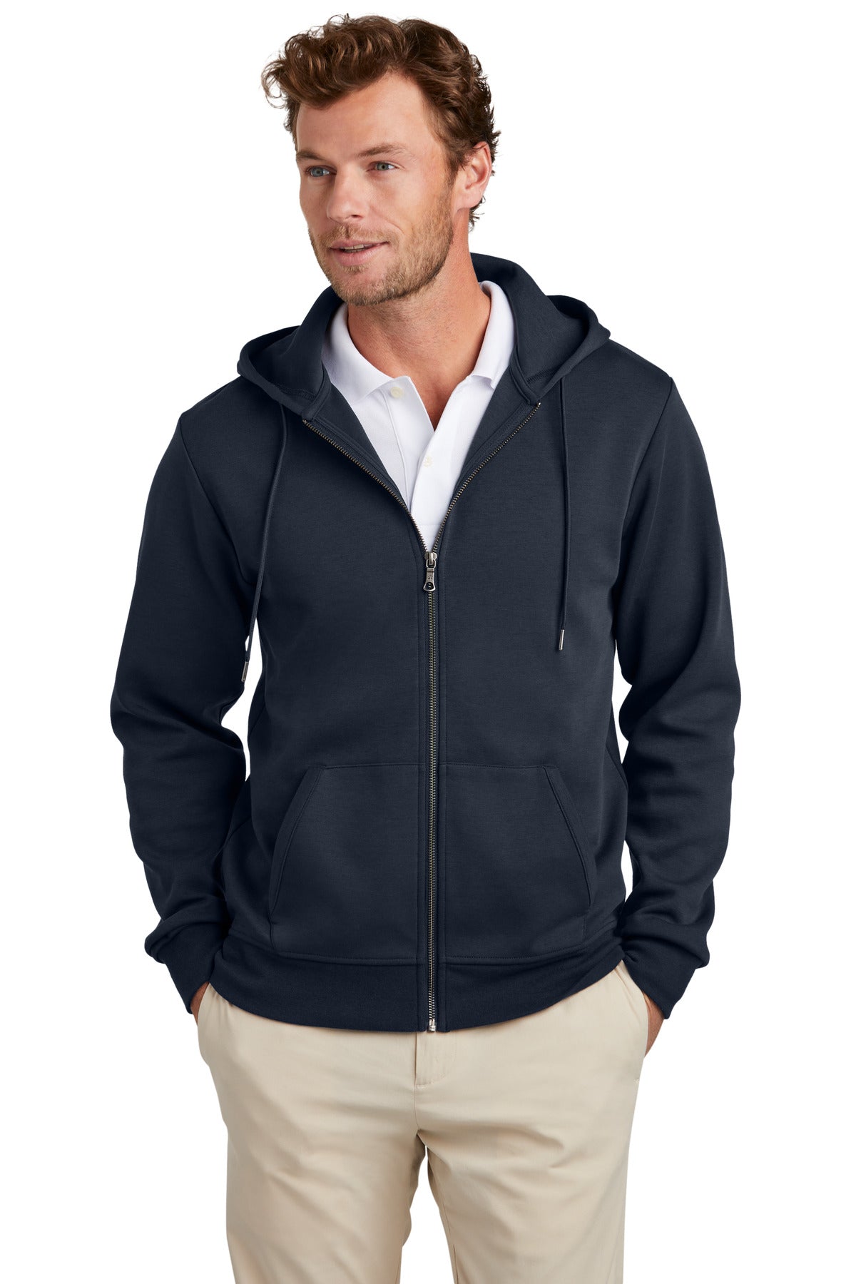Front View of NightNavy Brooks Brothers Double-Knit Full-Zip Hoodie BB18208