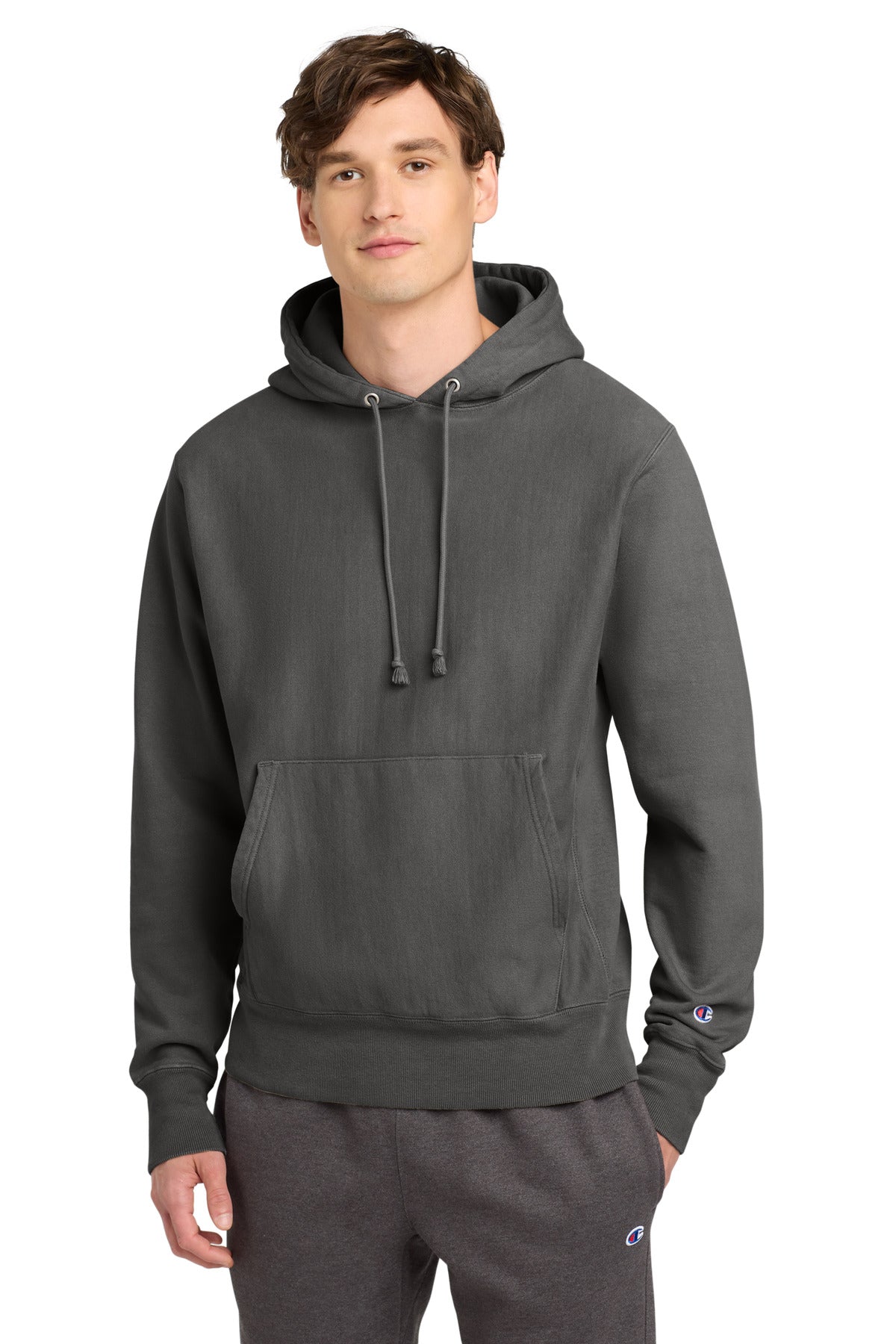 Front View of NwRailroad Champion Reverse Weave Garment-Dyed Hooded Sweatshirt. GDS101