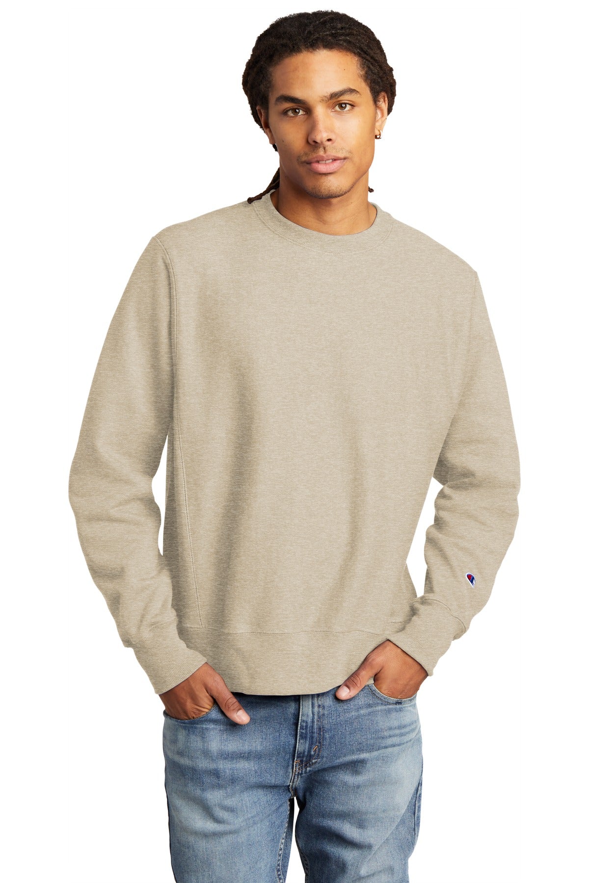Front View of OatHthr Champion Reverse Weave Crewneck Sweatshirt S149