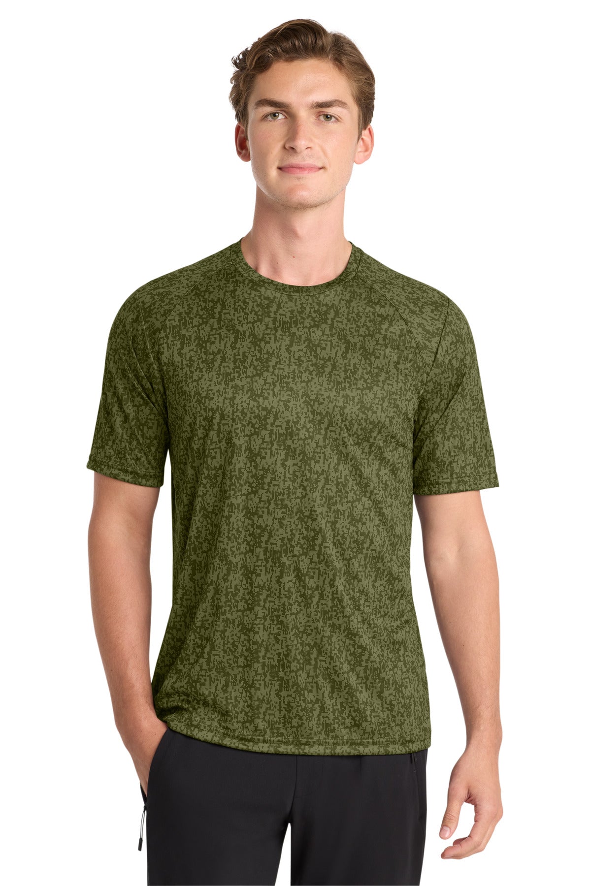 Front View of Olive Drab Grn Sport-Tek Digi Camo Tee. ST460