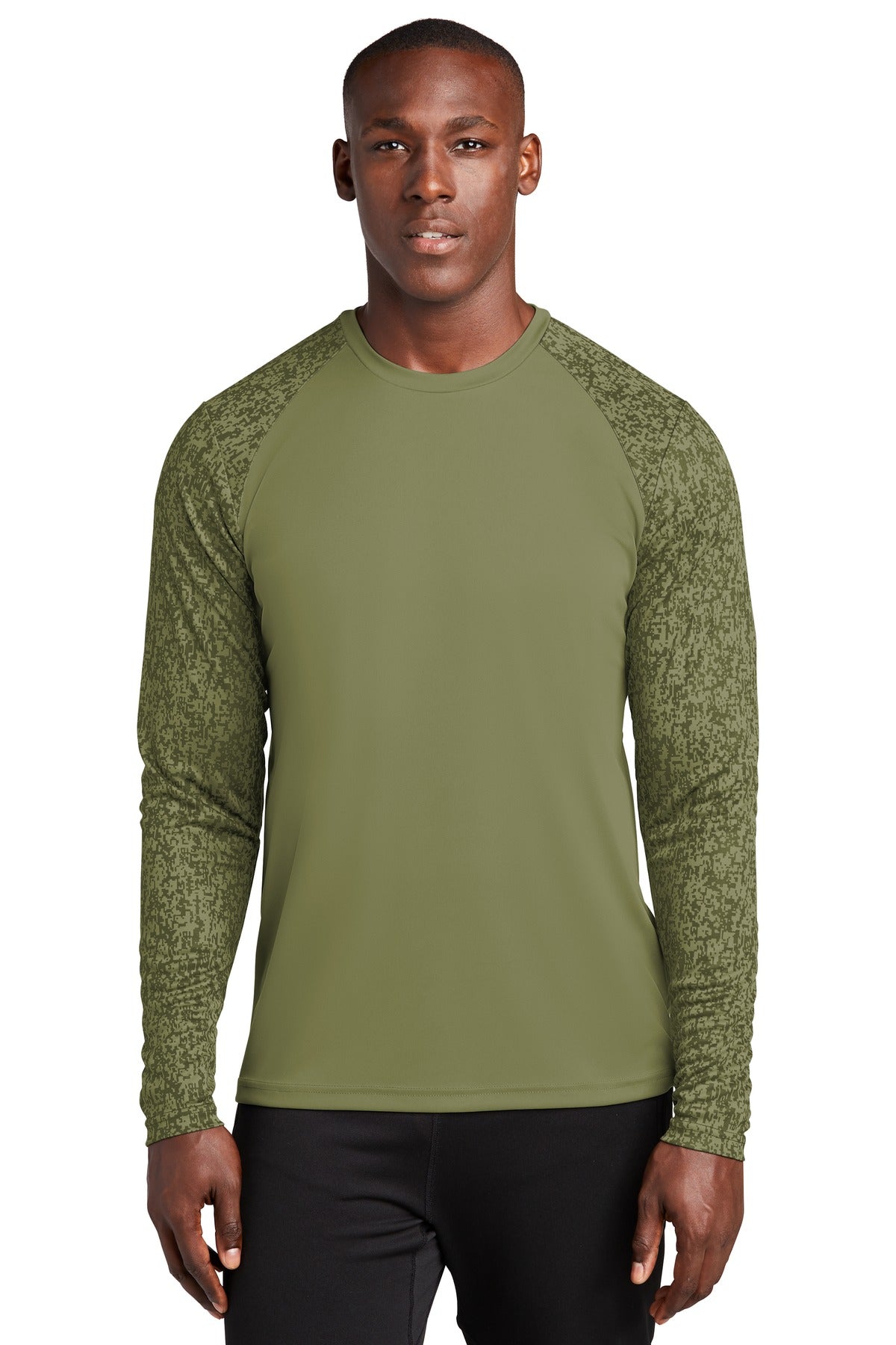 Front View of Olive Drab Grn Sport-Tek Long Sleeve Digi Camo Tee. ST460LS
