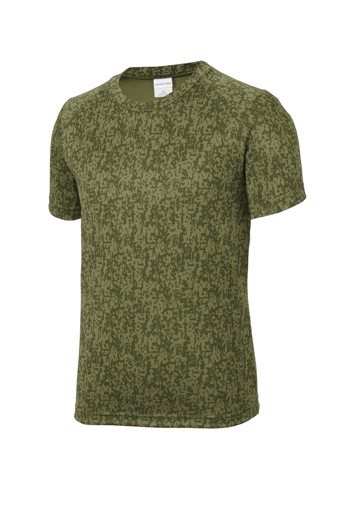 Front View of Olive Drab Grn Sport-Tek Youth Digi Camo Tee. YST460