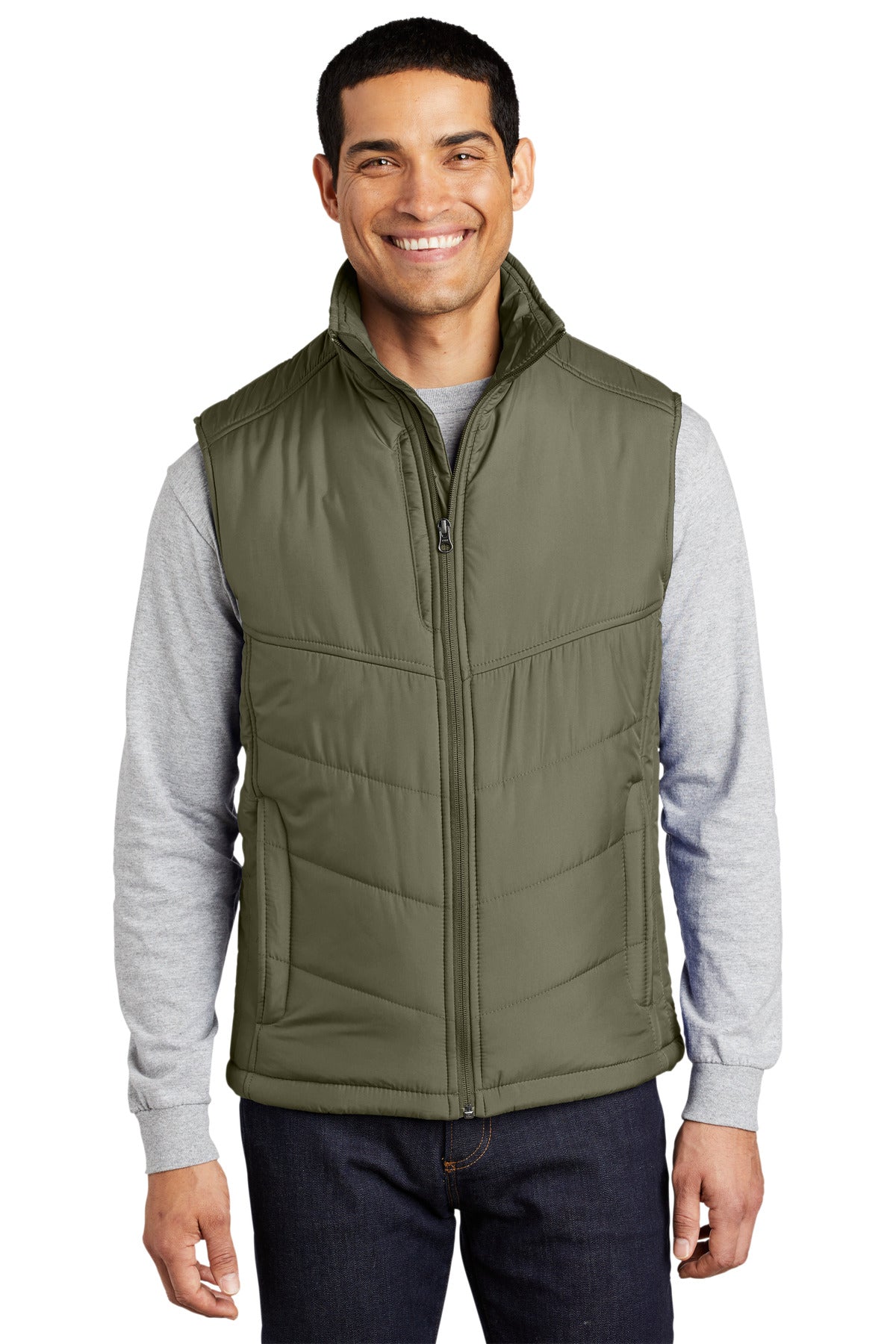 Front View of Olive Port Authority Puffy Vest. J709