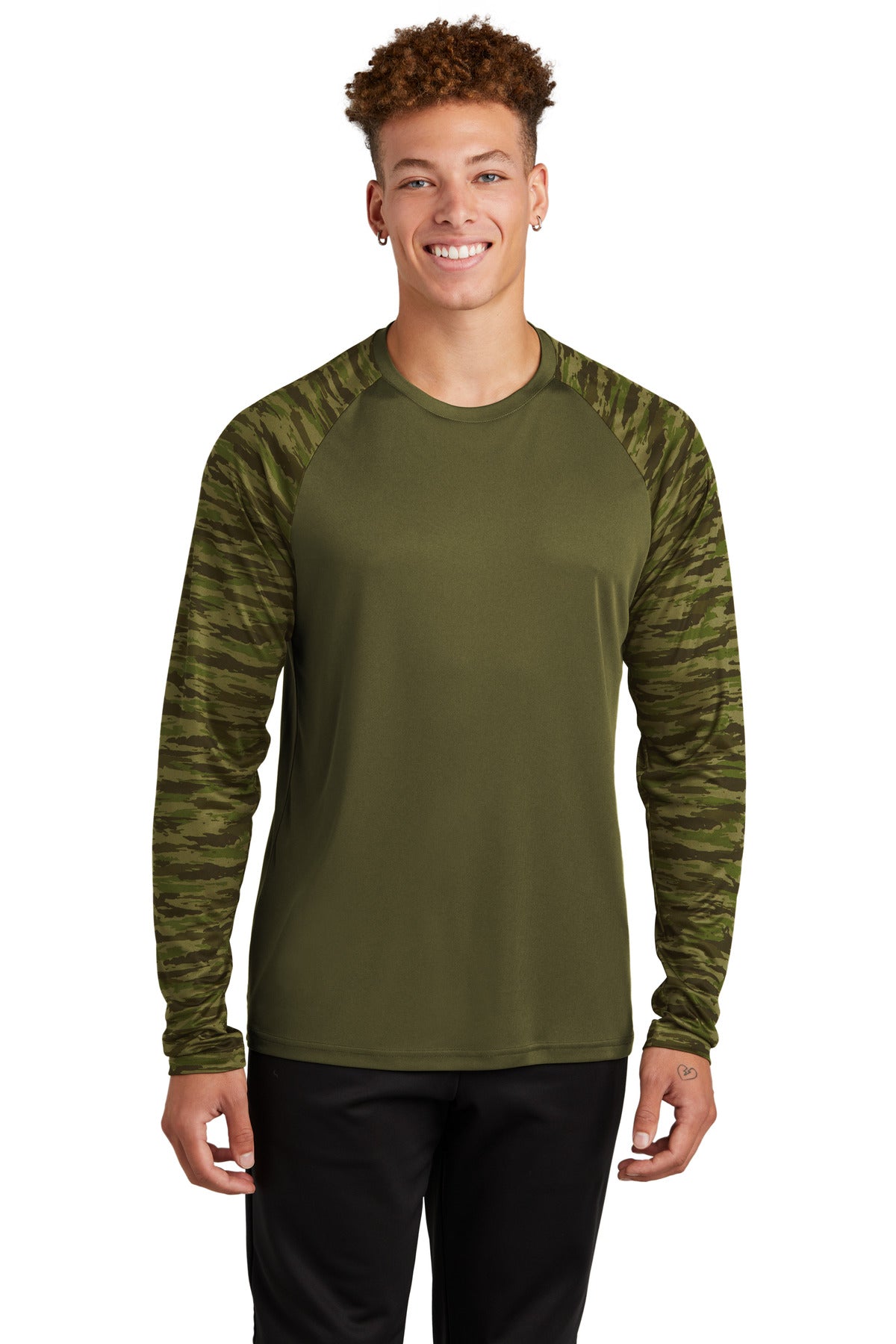 Front View of OlvDrabGn Sport-Tek Drift Camo Colorblock Long Sleeve Tee ST376LS