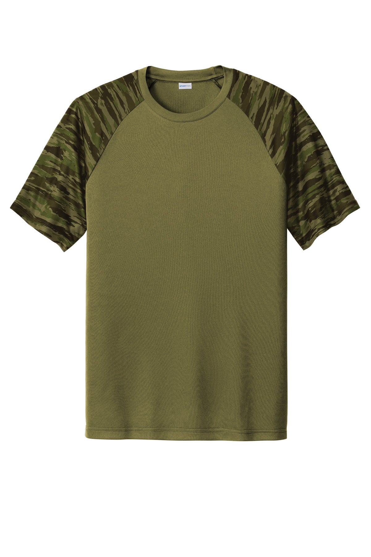 Front View of OlvDrabGn Sport-Tek Drift Camo Colorblock Tee ST376