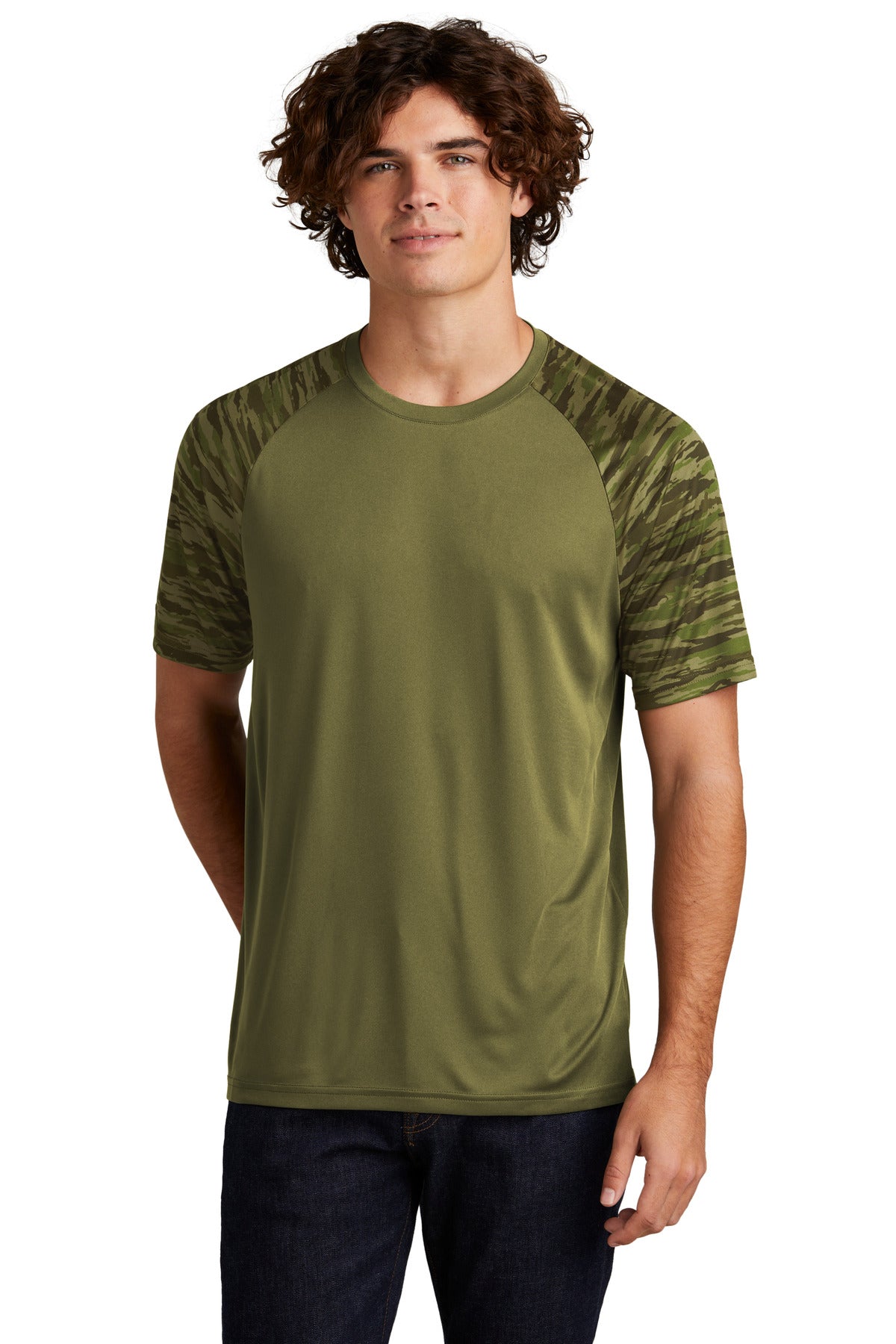 Front View of OlvDrabGn Sport-Tek Drift Camo Colorblock Tee ST376