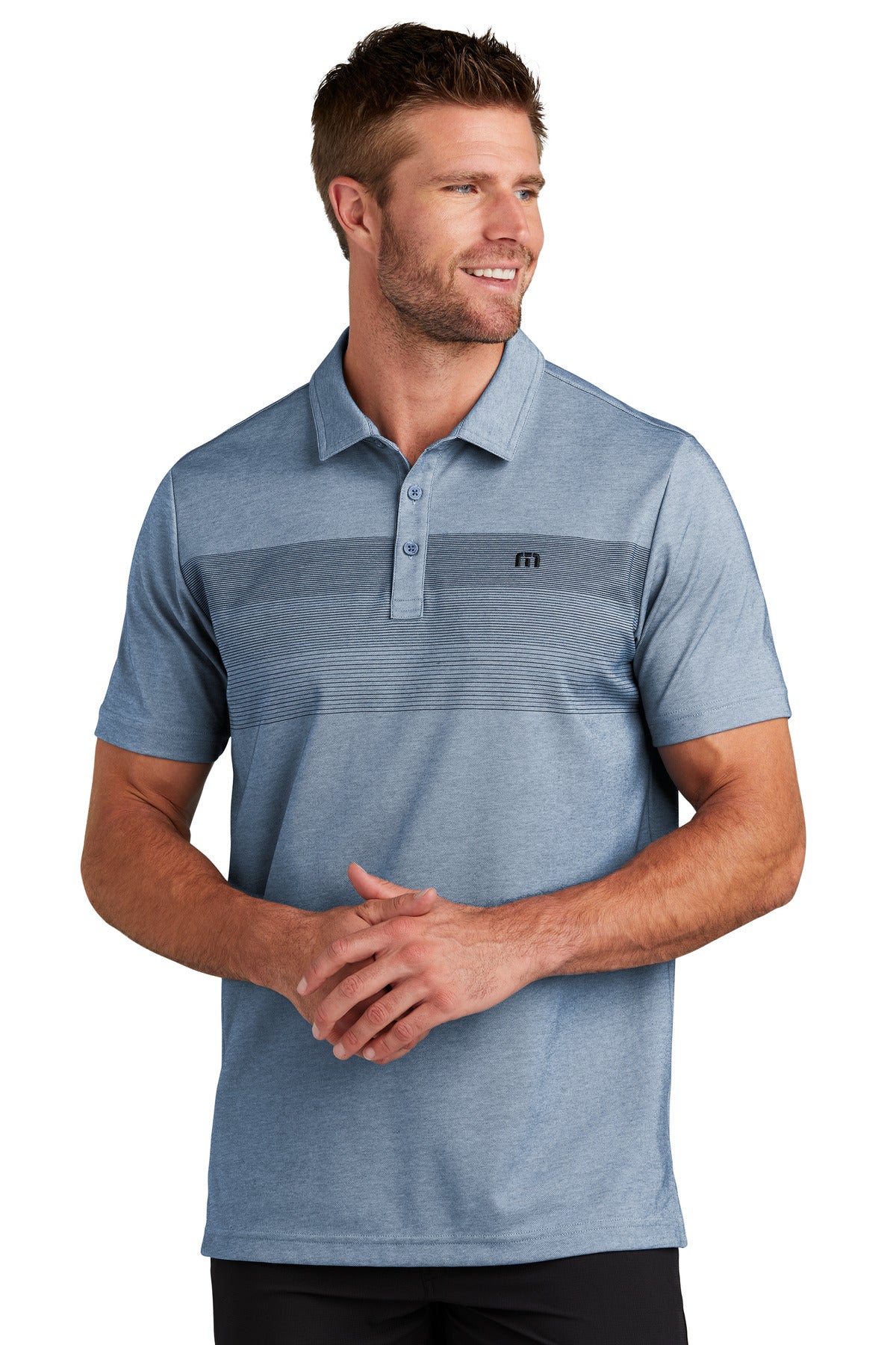 Front View of OpalBluHtr TravisMathew Coastal Chest Stripe Polo TM1MY402
