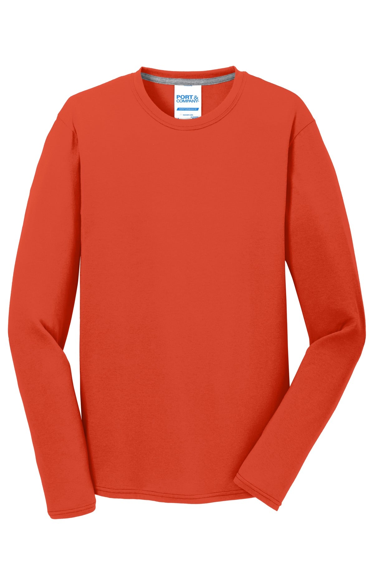 Front View of Orange Port & Company Long Sleeve Performance Blend Tee. PC381LS