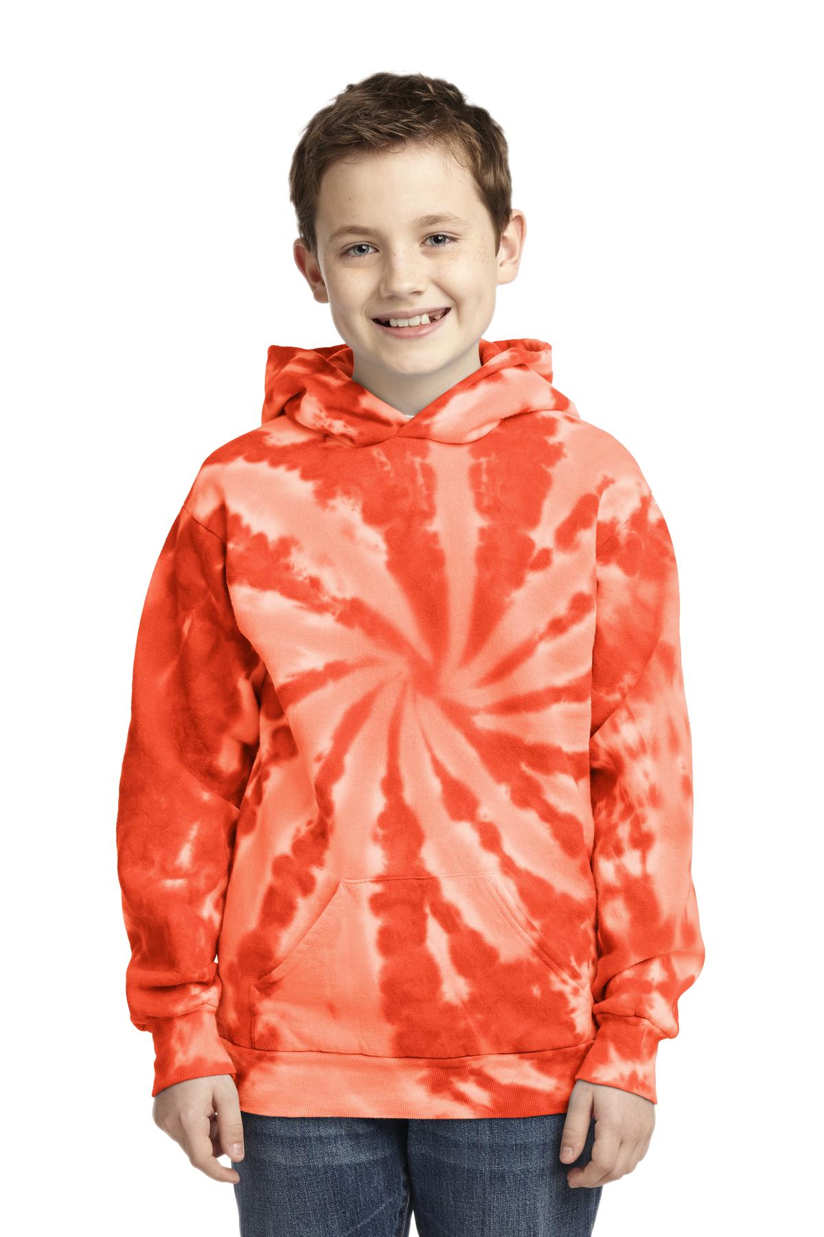 Front View of Orange Port & Company Youth Tie-Dye Pullover Hooded Sweatshirt. PC146Y