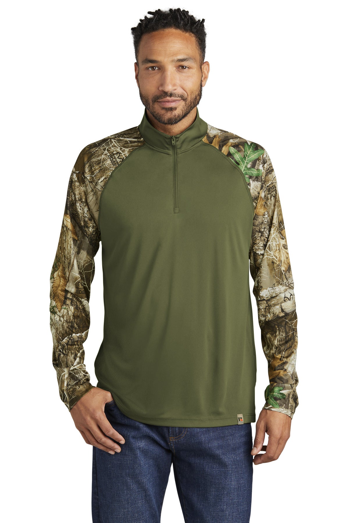 Front View of OvDbG/RTEd Russell Outdoors Realtree Colorblock Performance 1/4-Zip RU152