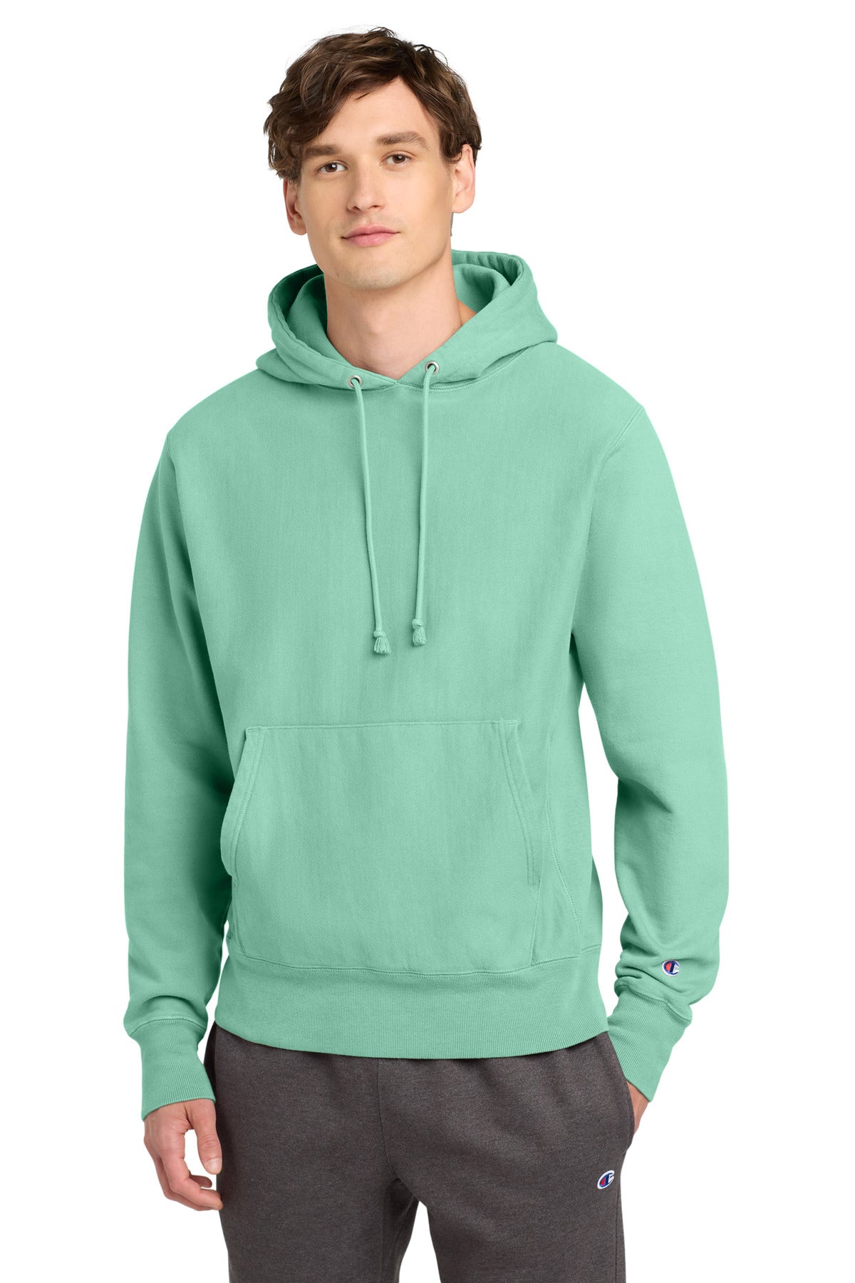 Front View of PaleSeafm Champion Reverse Weave Garment-Dyed Hooded Sweatshirt. GDS101
