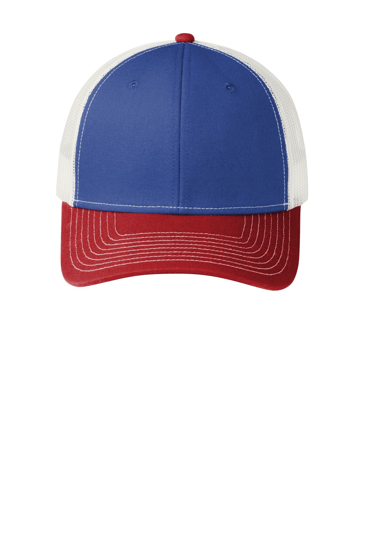 Front View of Pat Bl/F Rd/Wh Port Authority Snapback Trucker Cap. C112