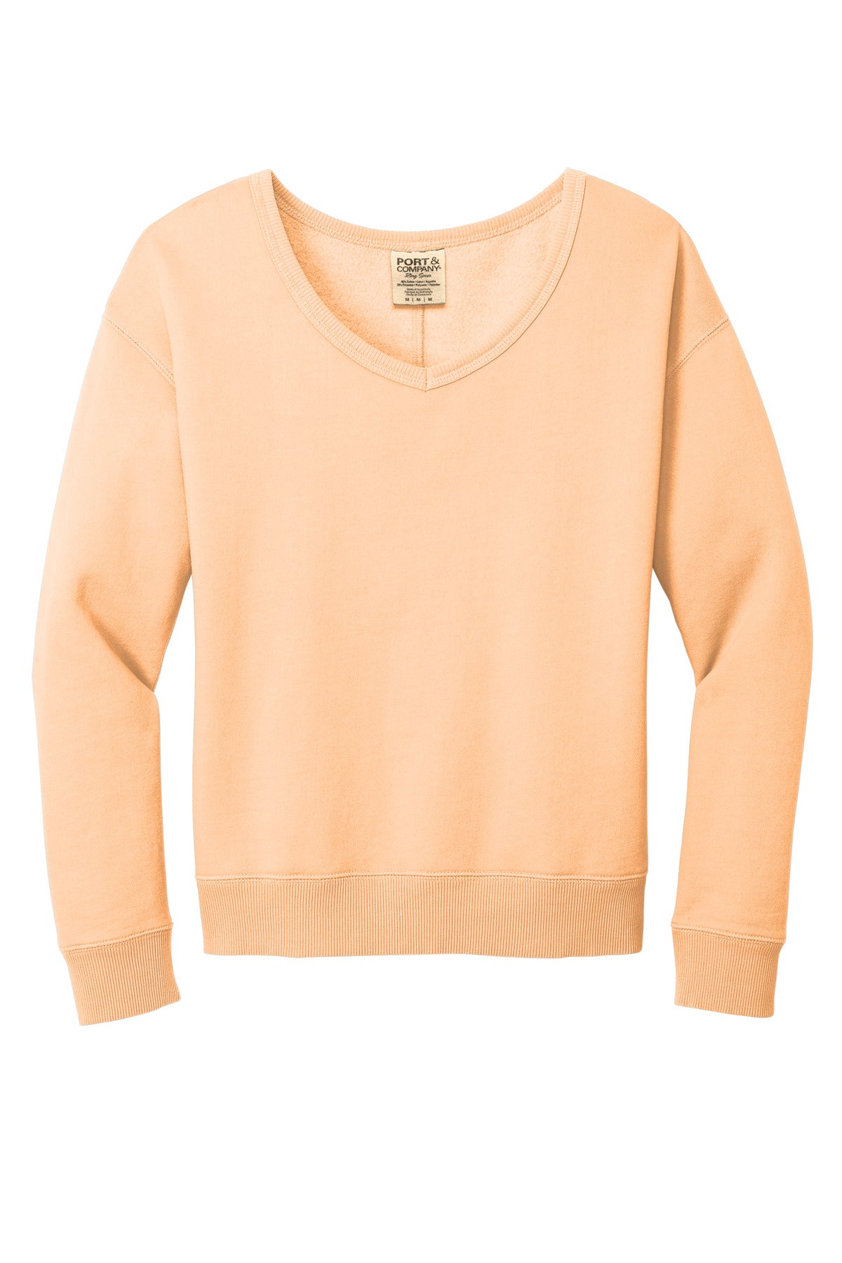 Front View of Peach Port & Company Women's Beach Wash Garment-Dyed V-Neck Sweatshirt LPC098V