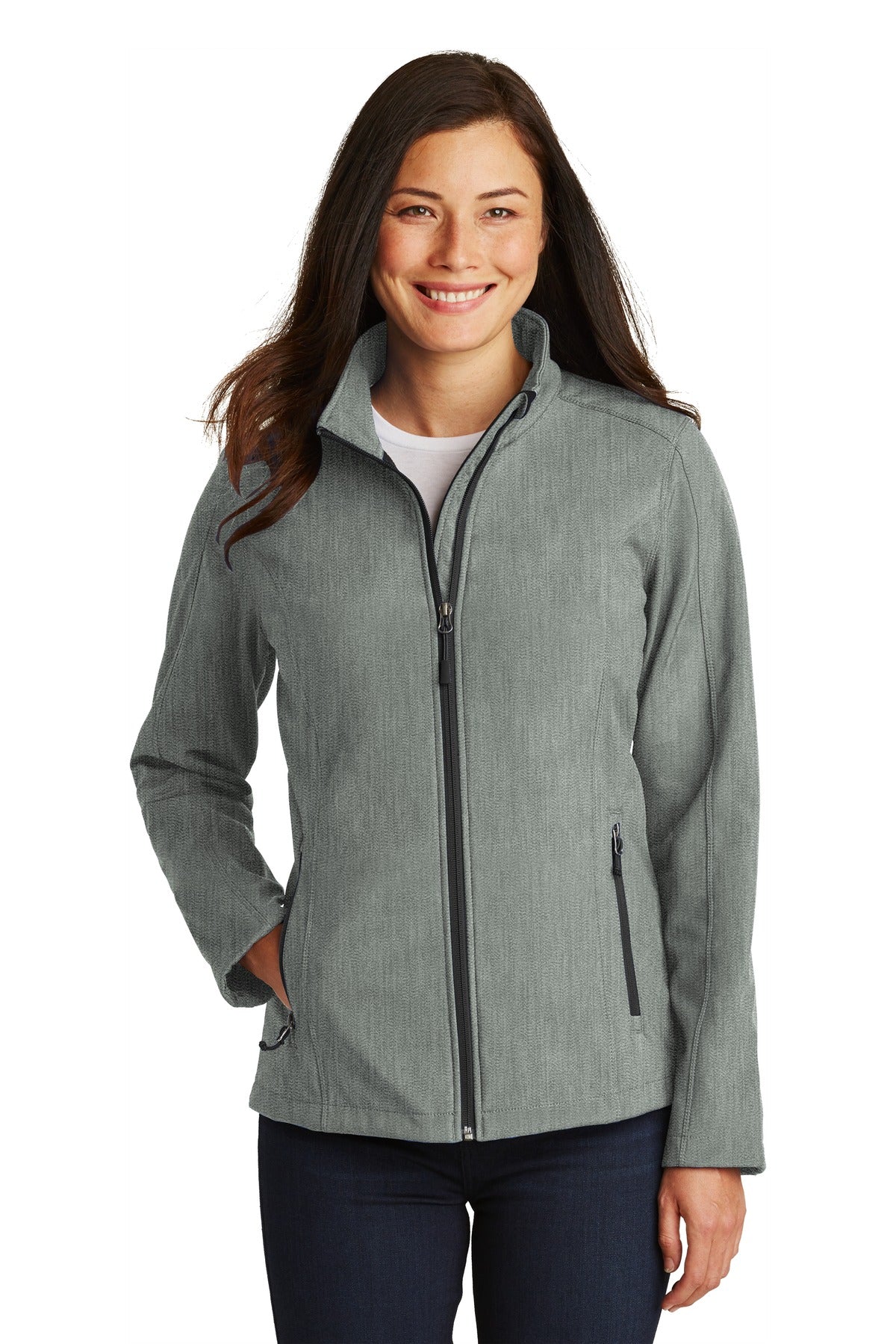 Front View of Pearl Grey Hth Port Authority Women's Core Soft Shell Jacket. L317