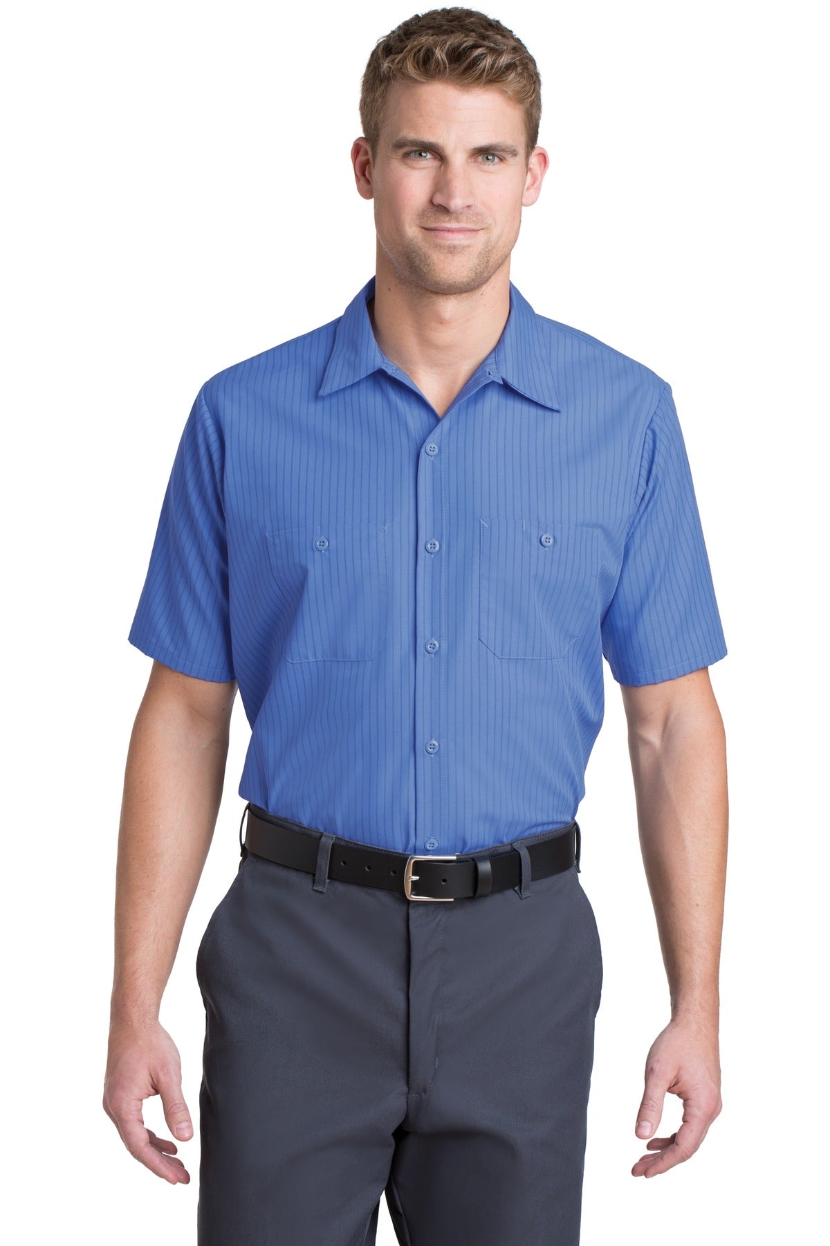 Front View of Petrol Bl/Navy Red Kap Short Sleeve Striped Industrial Work Shirt. CS20