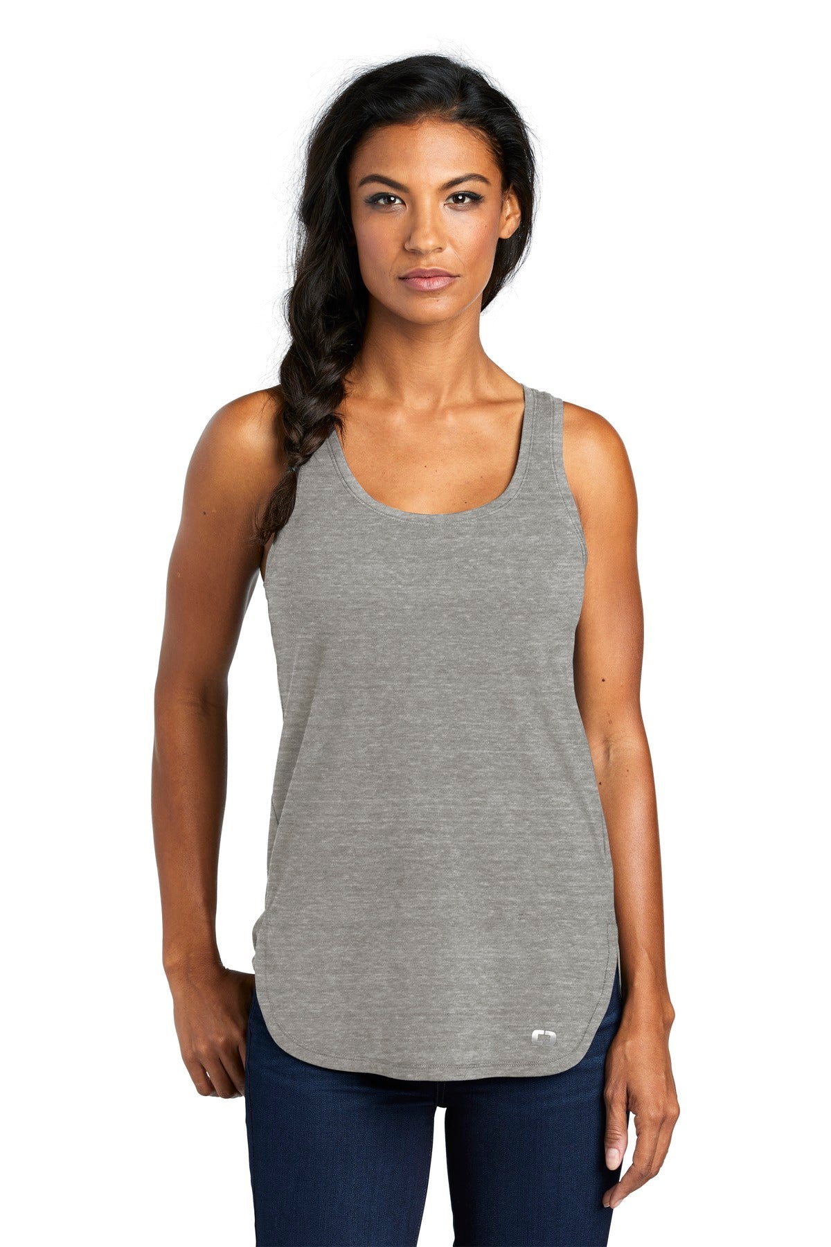 Front View of Petrol Gry Hth OGIO Women's Luuma Tank. LOG801