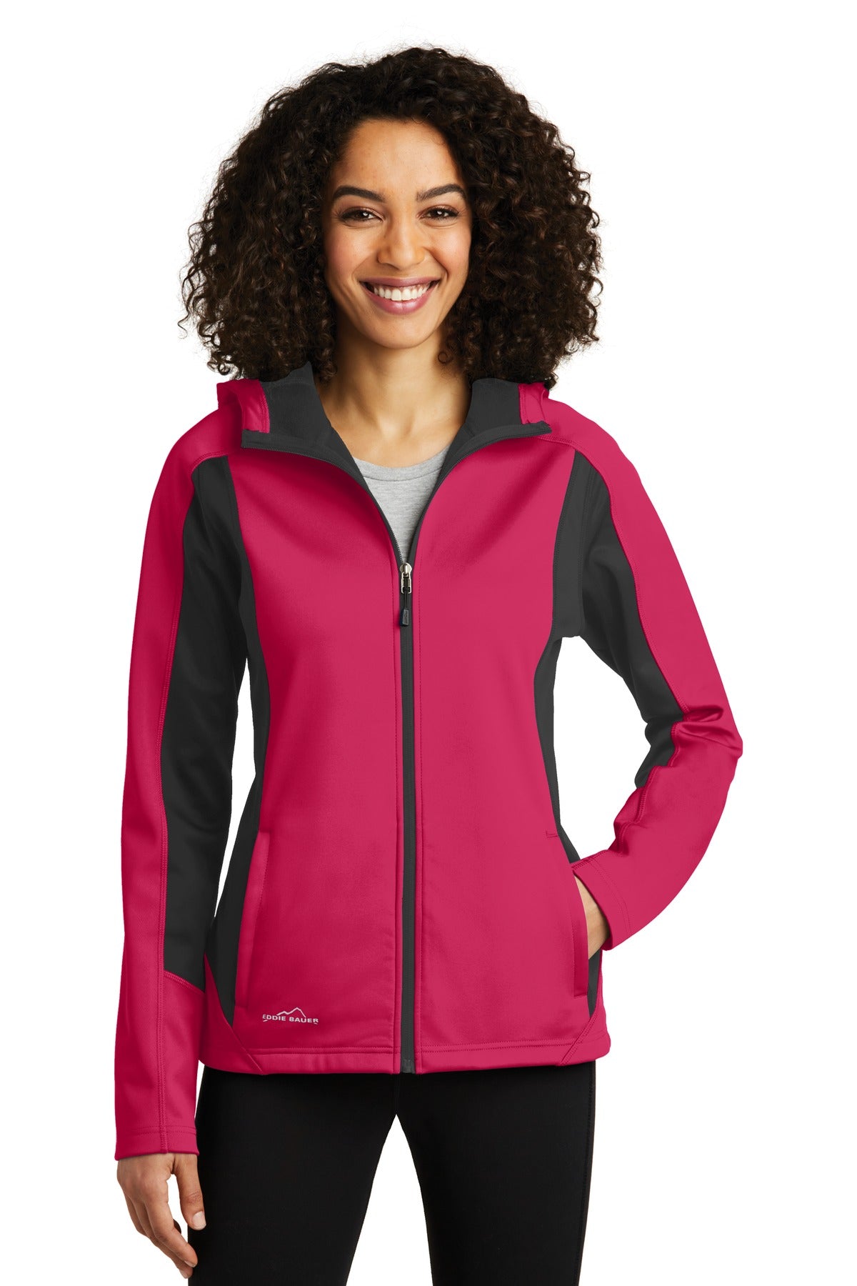 Front View of Pink Lot/Gy St Eddie Bauer Women's Trail Soft Shell Jacket. EB543