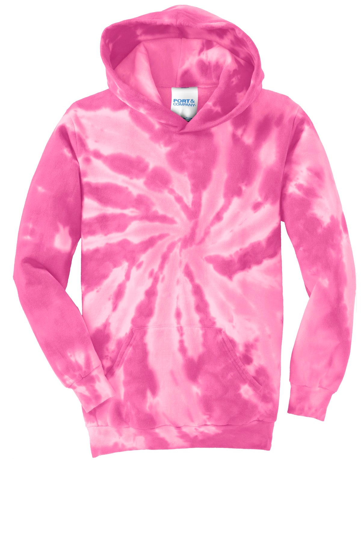Front View of Pink Port & Company Youth Tie-Dye Pullover Hooded Sweatshirt. PC146Y