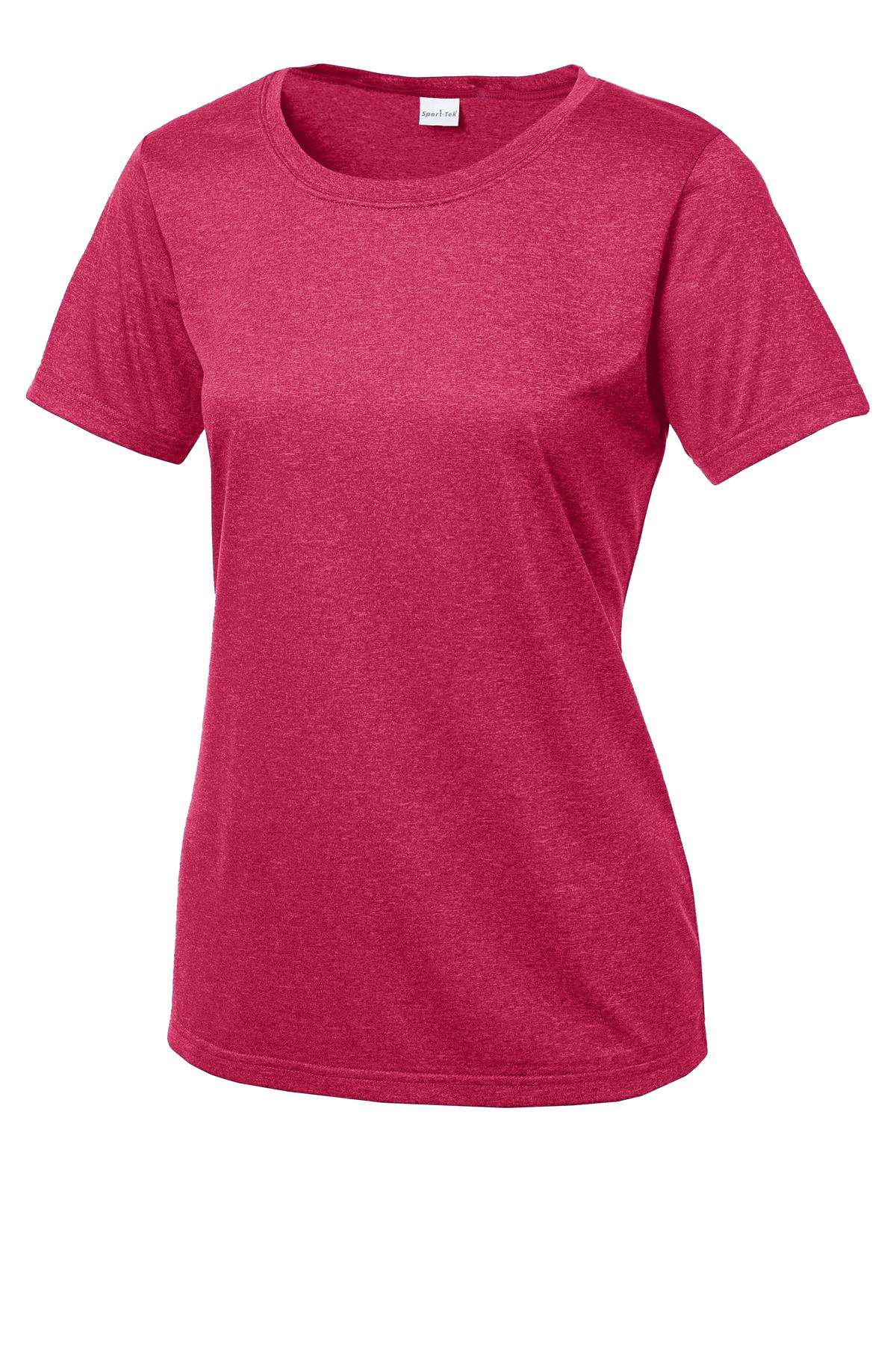 Front View of Pink Rasp Hthr Sport-Tek Women's Heather Contender Scoop Neck Tee. LST360
