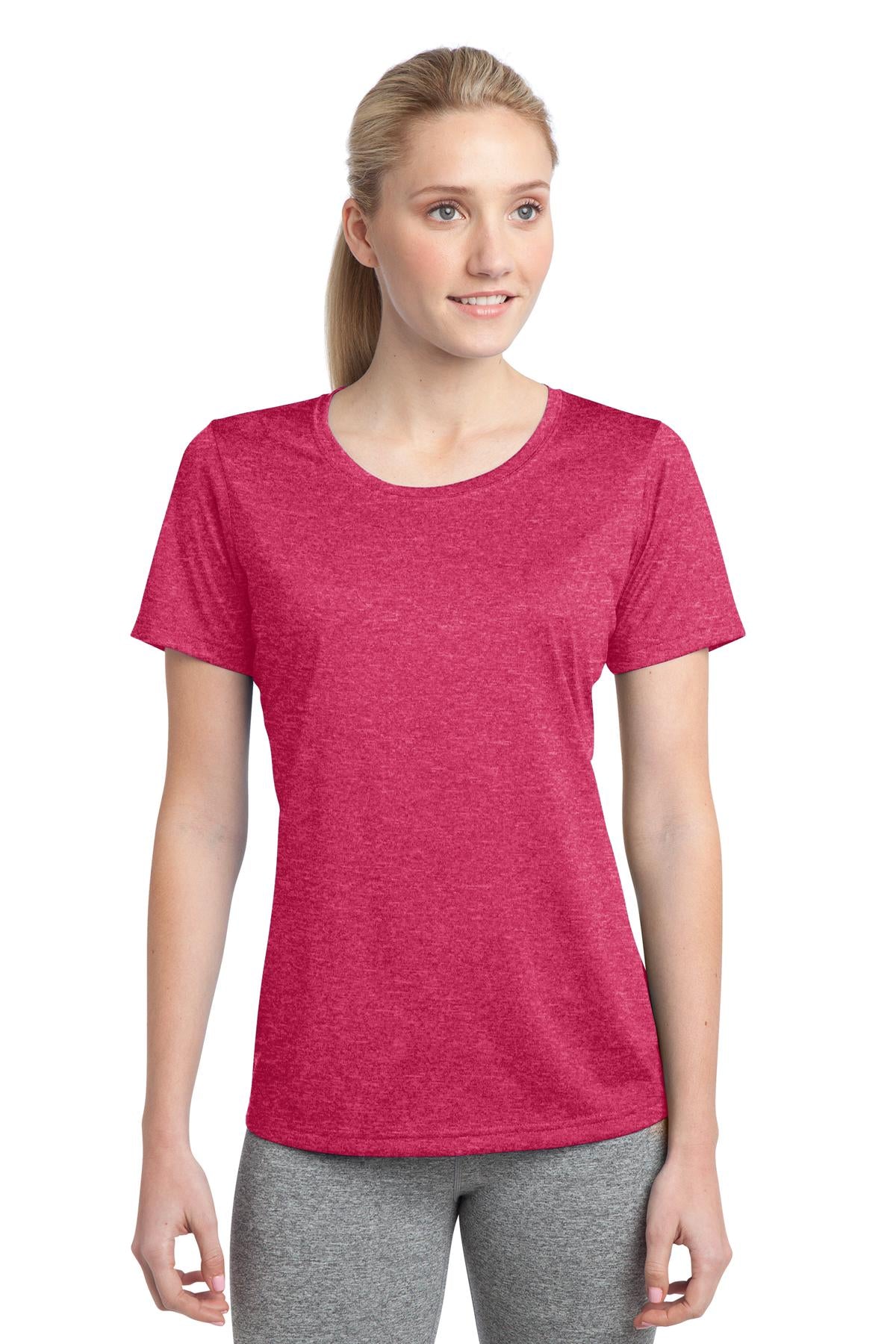 Front View of Pink Rasp Hthr Sport-Tek Women's Heather Contender Scoop Neck Tee. LST360