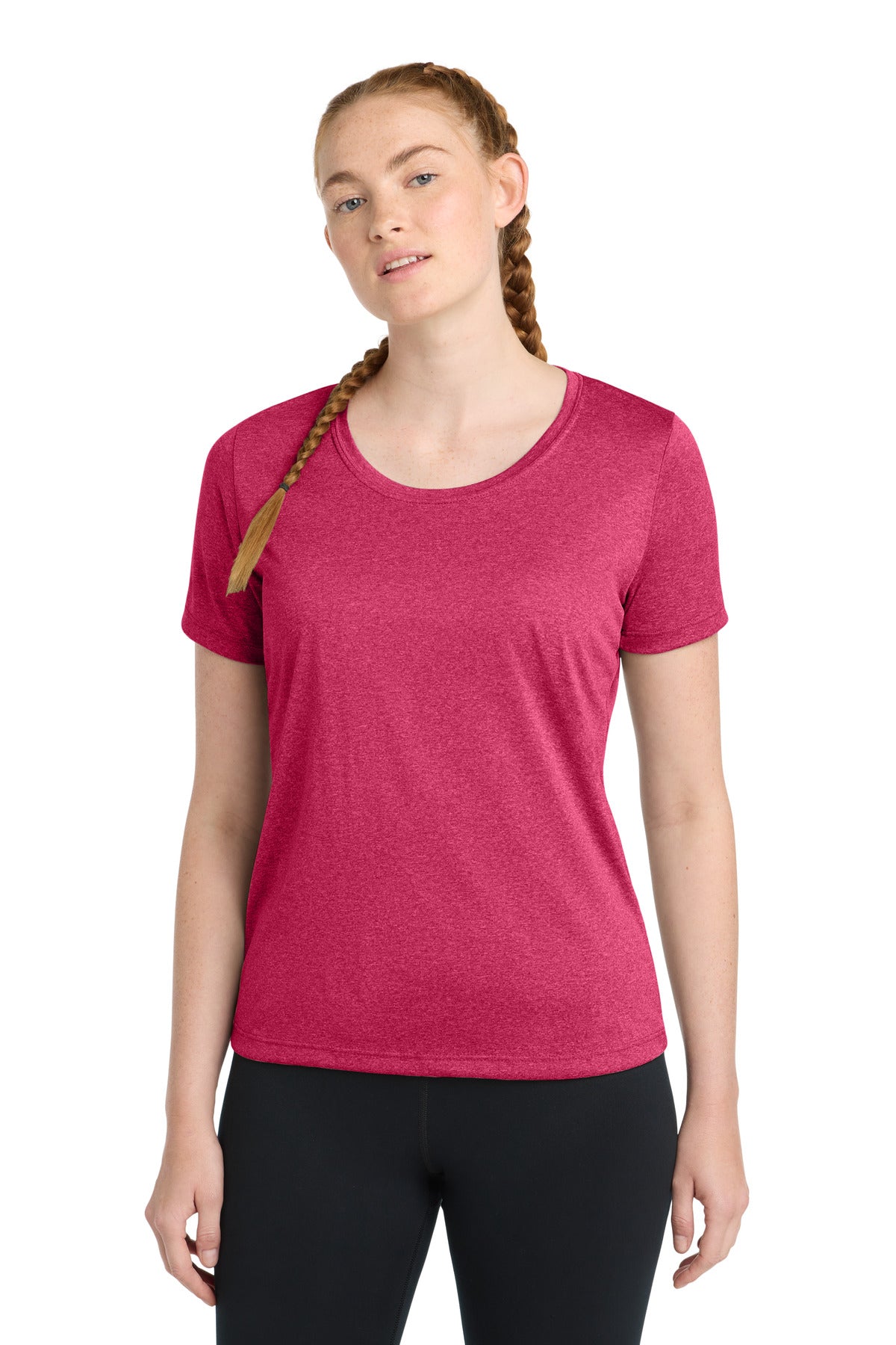Front View of Pink Rasp Hthr Sport-Tek Women's Heather Contender Scoop Neck Tee. LST360