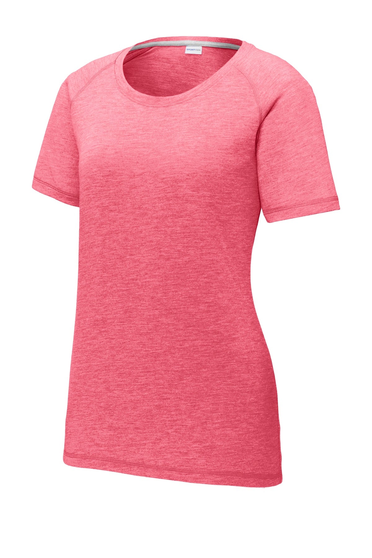 Front View of Pink Rasp Hthr Sport-Tek Women's PosiCharge Tri-Blend Wicking Scoop Neck Raglan Tee. LST400