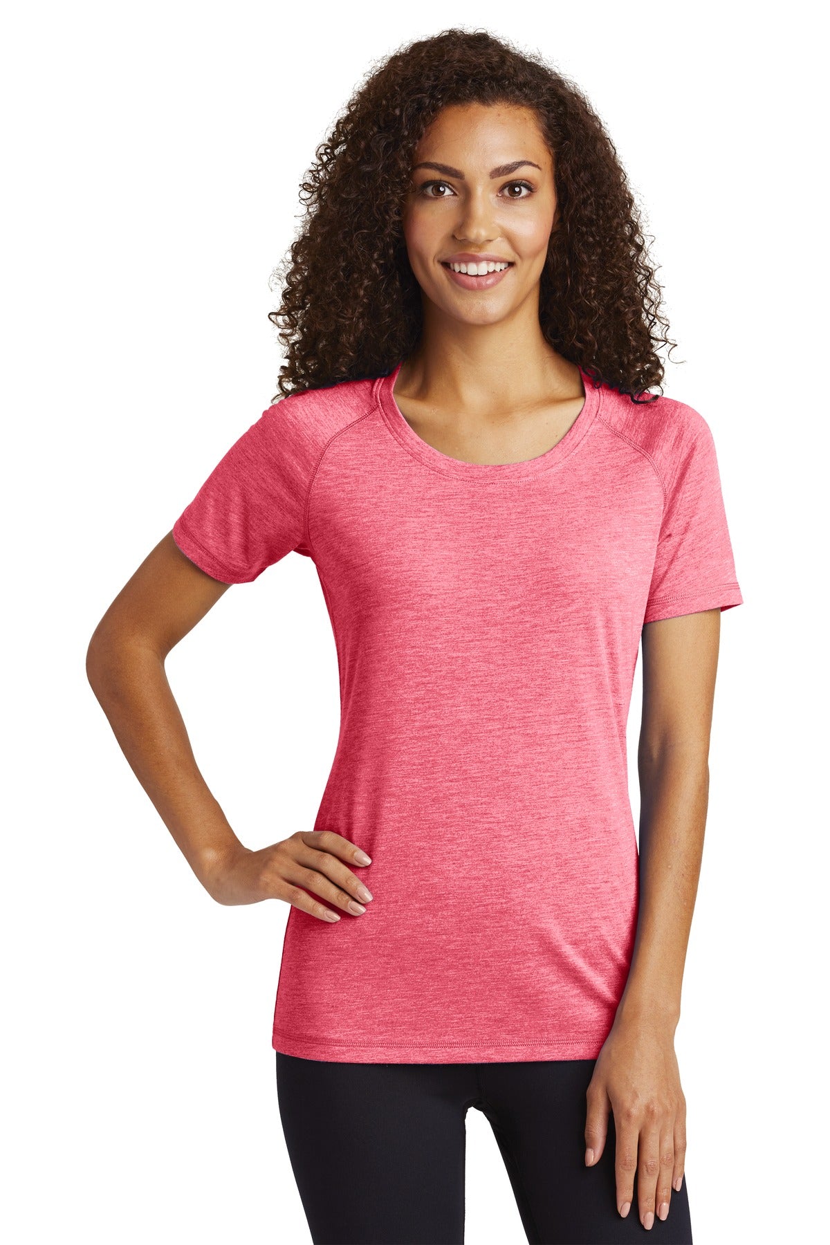 Front View of Pink Rasp Hthr Sport-Tek Women's PosiCharge Tri-Blend Wicking Scoop Neck Raglan Tee. LST400