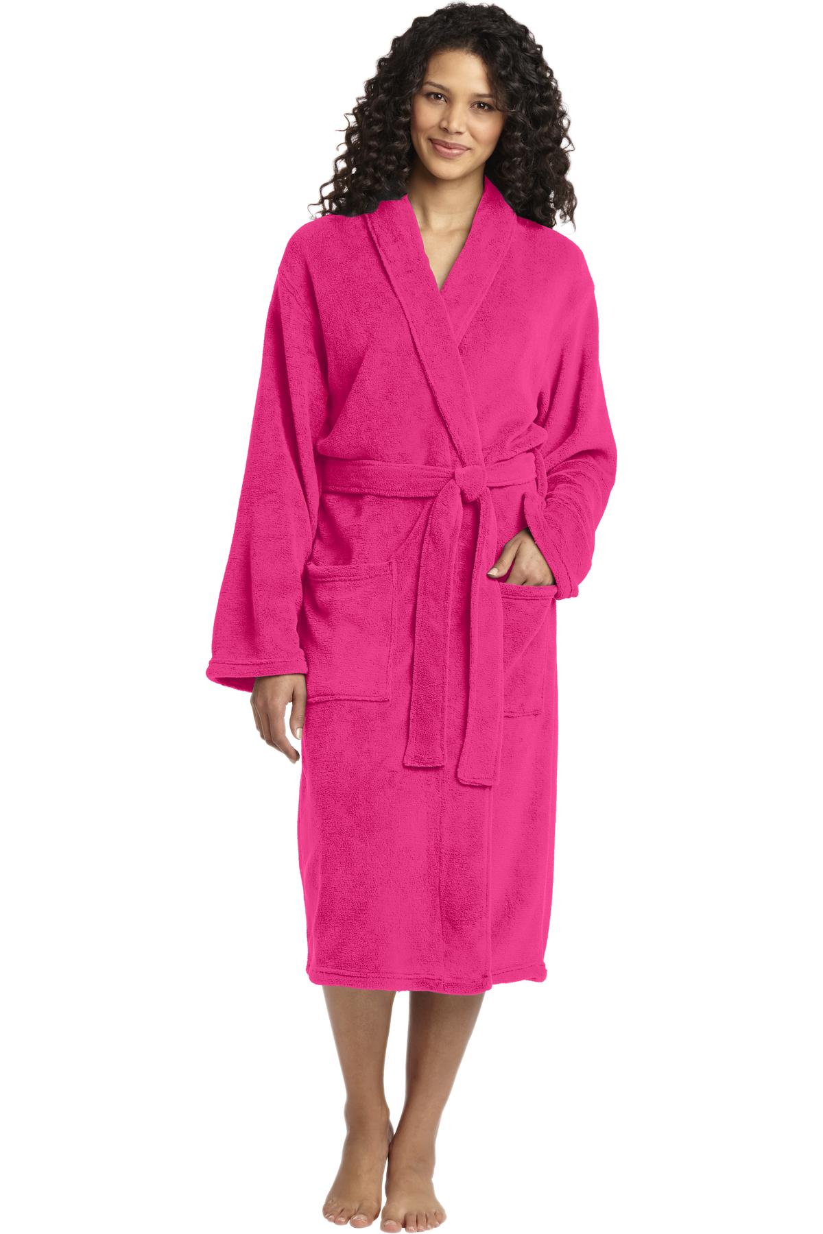 Front View of Pink Raspberry Port Authority Plush Microfleece Shawl Collar Robe. R102
