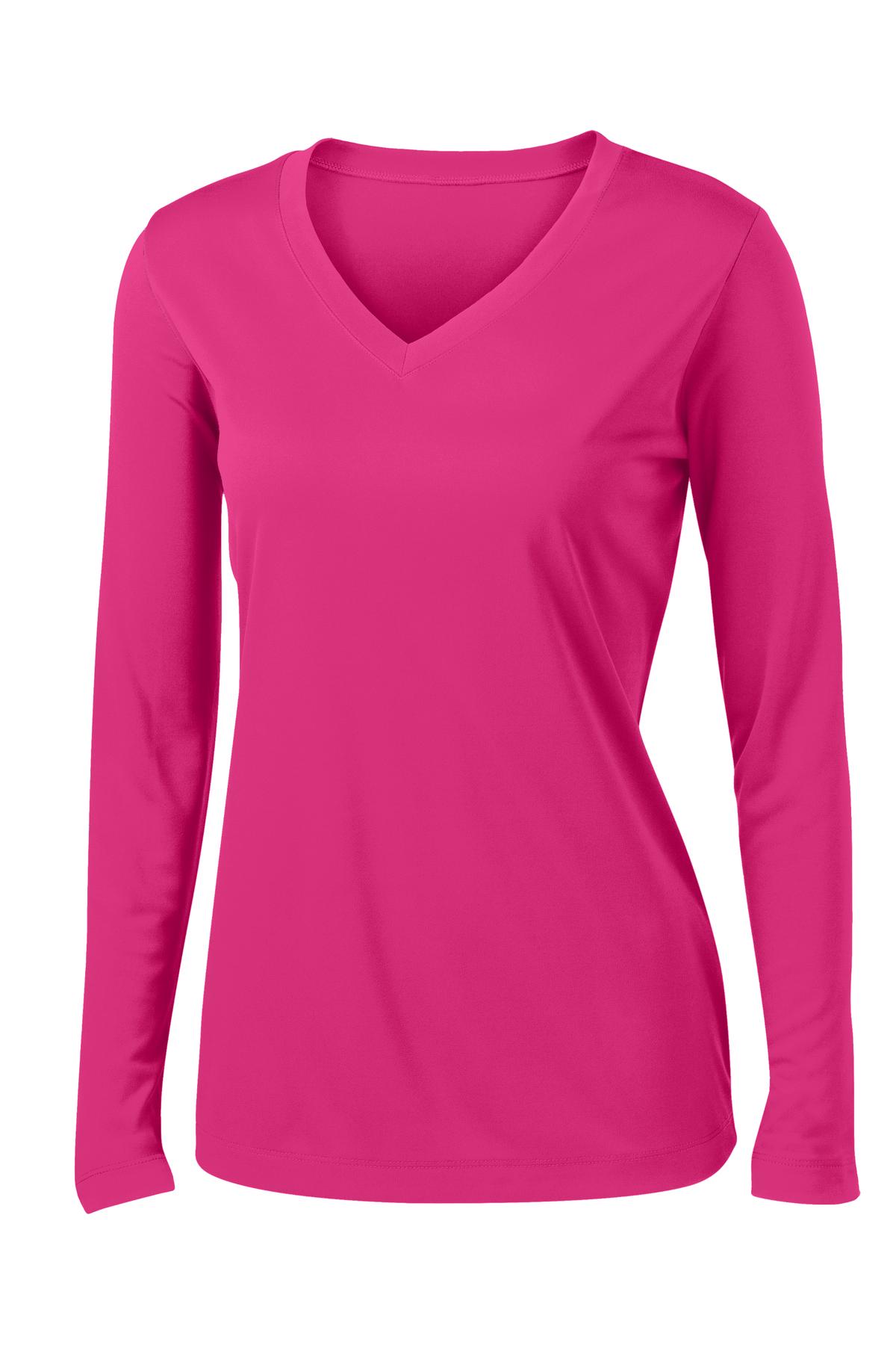 Front View of Pink Raspberry Sport-Tek Women's Long Sleeve PosiCharge Competitor V-Neck Tee. LST353LS