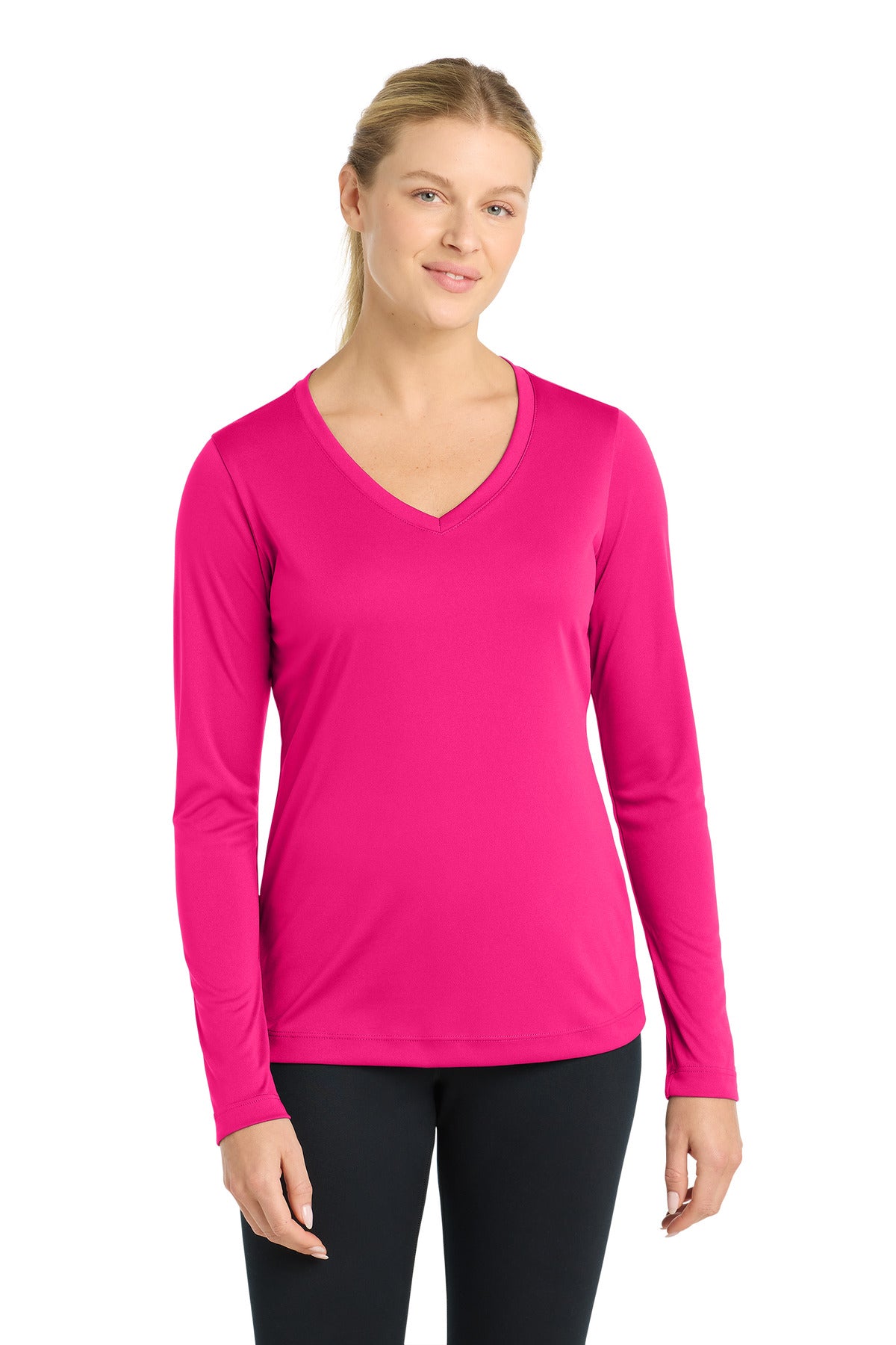Front View of Pink Raspberry Sport-Tek Women's Long Sleeve PosiCharge Competitor V-Neck Tee. LST353LS