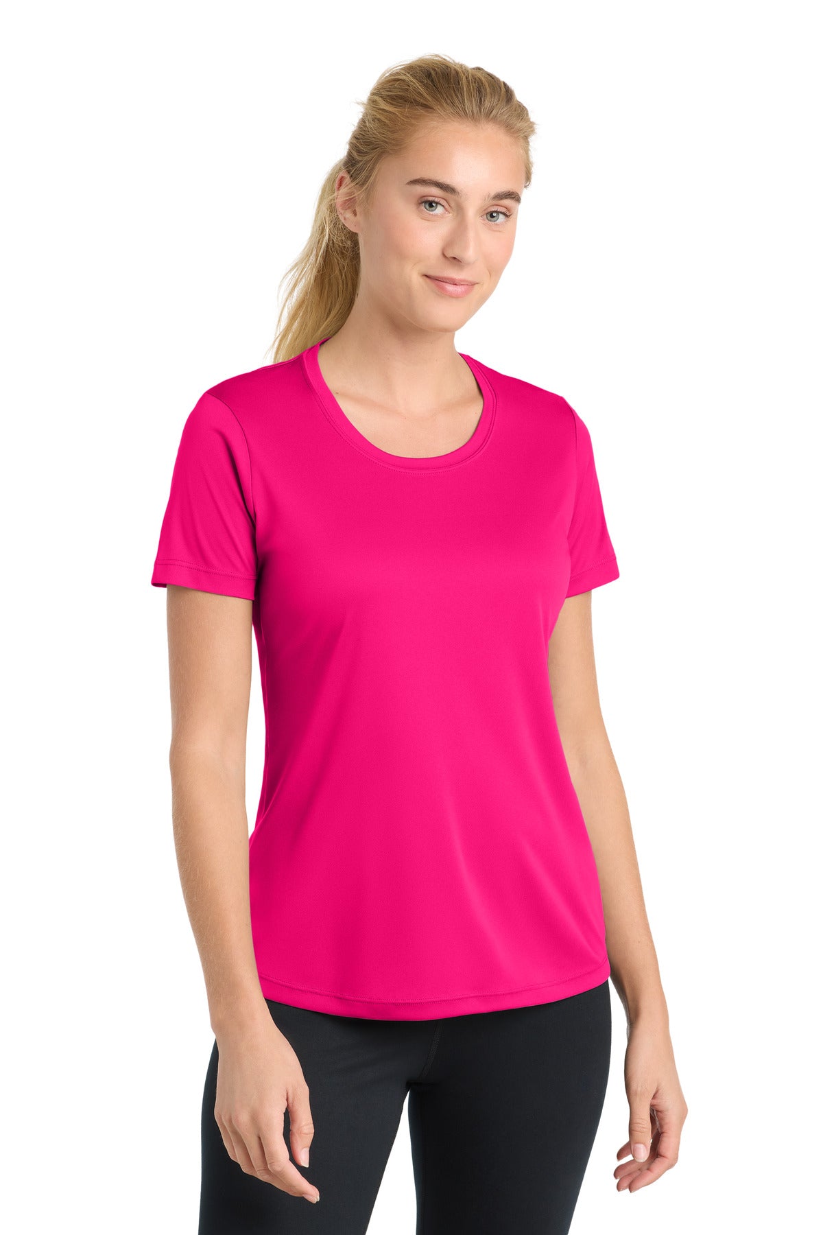Front View of Pink Raspberry Sport-Tek Women's PosiCharge Competitor Tee. LST350