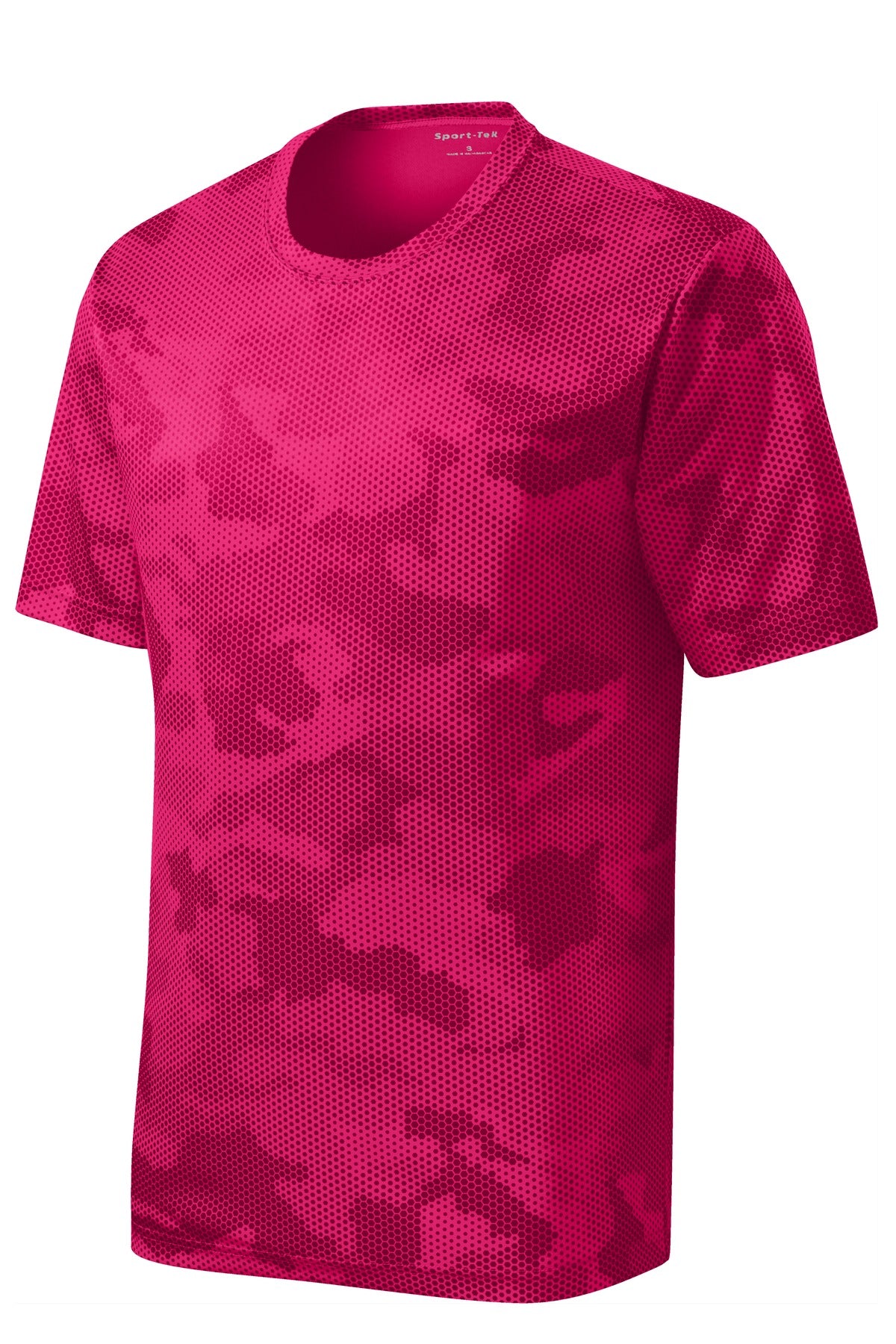 Front View of Pink Raspberry Sport-Tek Youth CamoHex Tee. YST370