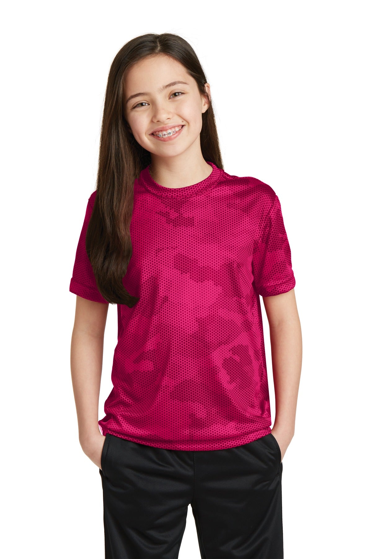 Front View of Pink Raspberry Sport-Tek Youth CamoHex Tee. YST370