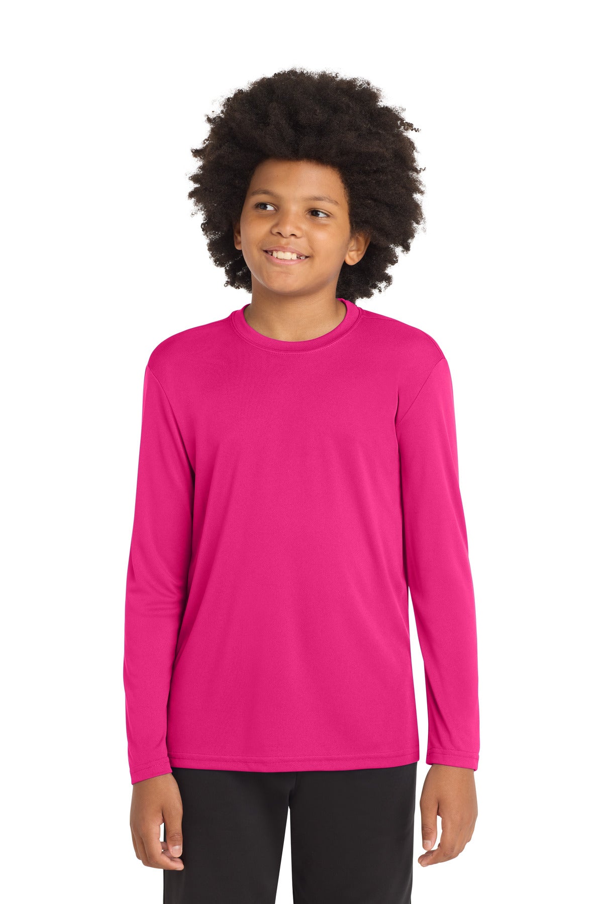 Front View of Pink Raspberry Sport-Tek Youth Long Sleeve PosiCharge Competitor Tee. YST350LS