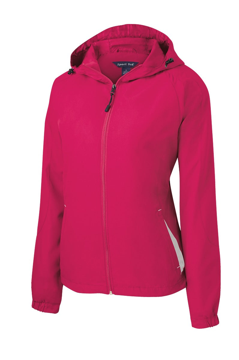 Front View of Pink Rasp/Wht Sport-Tek Women's Colorblock Hooded Raglan Jacket. LST76