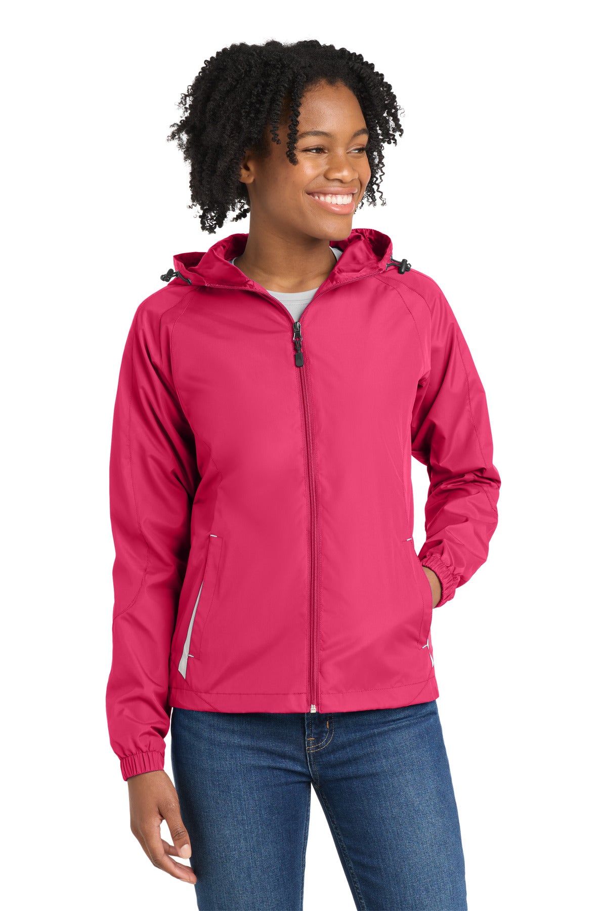 Front View of Pink Rasp/Wht Sport-Tek Women's Colorblock Hooded Raglan Jacket. LST76
